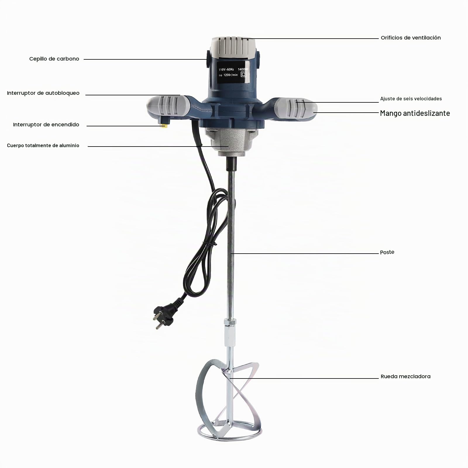Agitador de hormigón de 1400 W, 6 velocidades, con barra en espiral de 60 cm, agitador manual de 0-1200 rpm para pintura, pegamento, migas, masilla y cemento