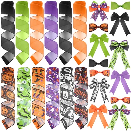 12 Rolls Halloween Wired Edge Ribbon for Wreaths 2 Inch x 60 Yards Bat Spider Web Pumpkin Print Grosgrain Ribbon Ghost Witch Hat Crafts for Halloween Party Decorative Supplies, 12 Styles
