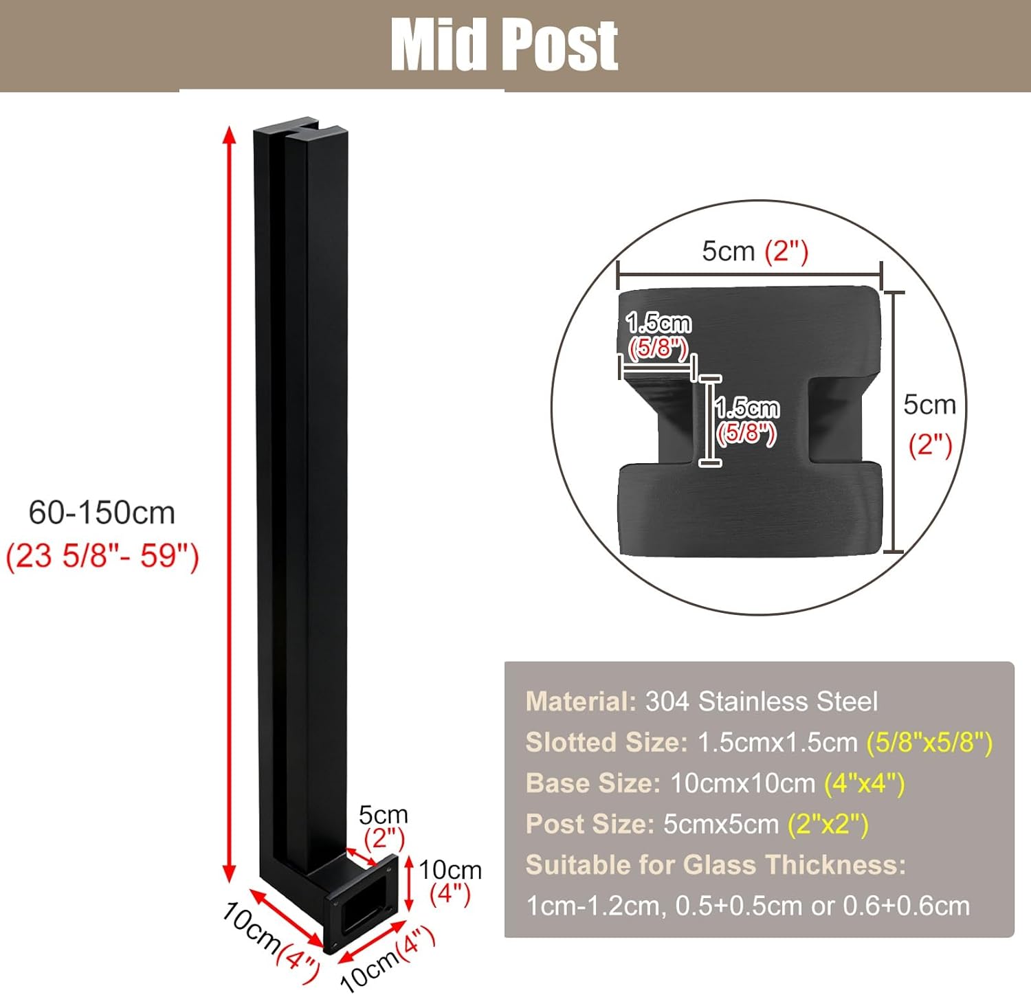 Matte Black Side Mount Stair Railing Post, 33.5" Stainless Steel Glass Fence Column with Screws, Indoor/Outdoor Deck, Patio, Pool Bracket Clamp