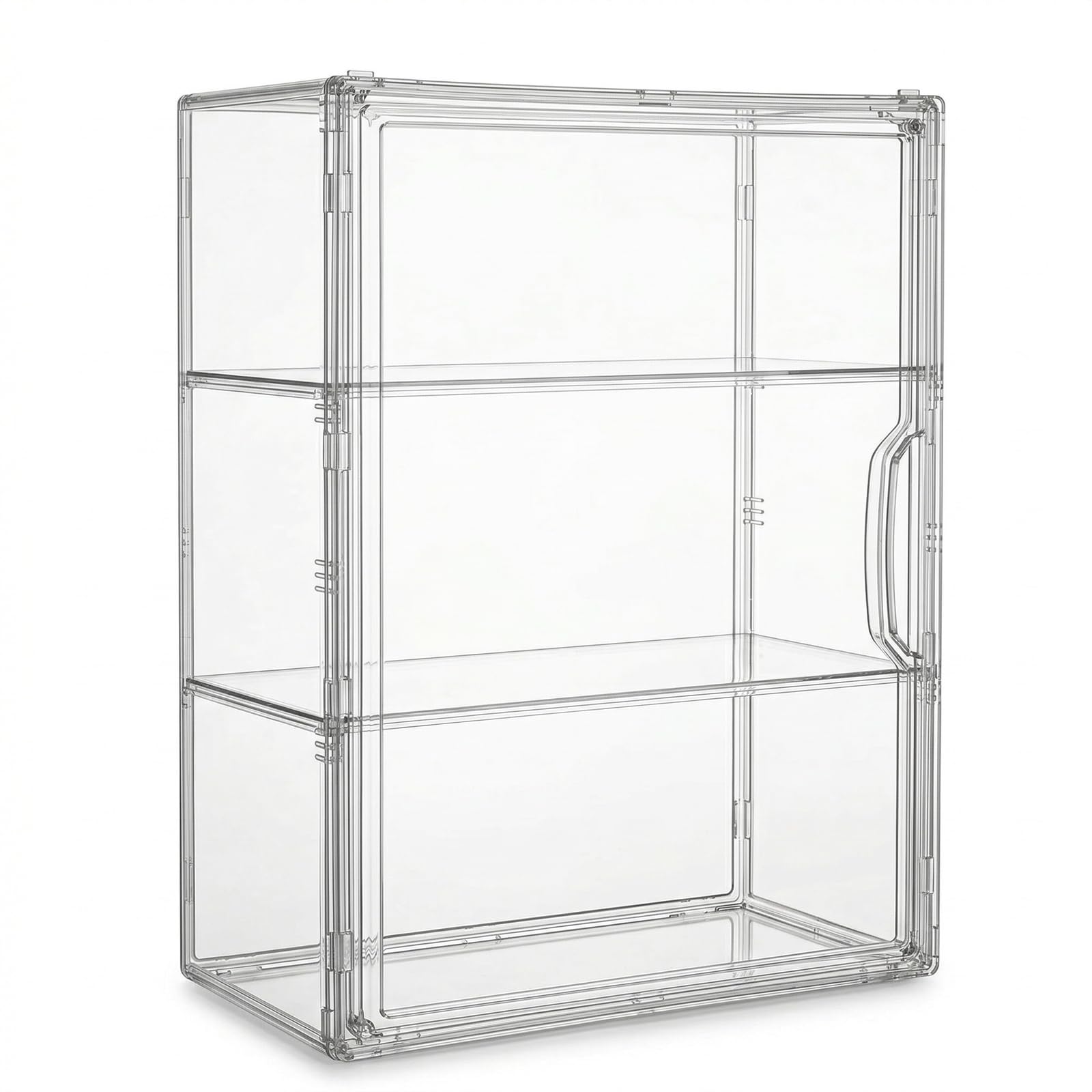 Vitrine Acrylique Empilable à 3 Niveaux avec Porte Magnétique, Boîte de Présentation Transparente pour Figurines, Objets de Collection, Antipoussière et Facile à Monter (36x13x27cm)