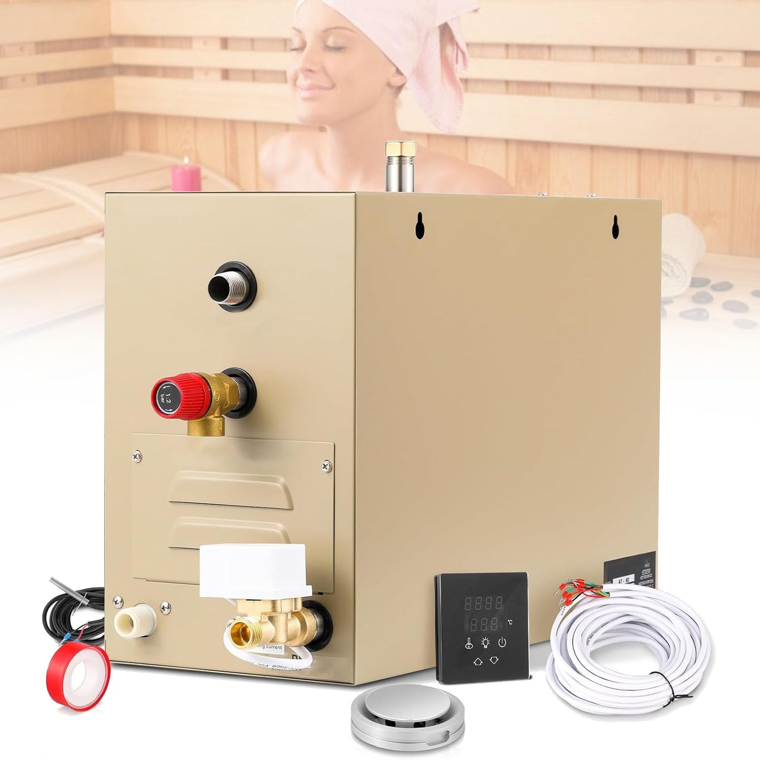 GLBMXDD Small Stainless Steel Sauna Steam Machine, Household-Commercial,with self-draining system,Temperature adjustable 95-131°F,Applicable space 2m³ -10m³ 4.5KW