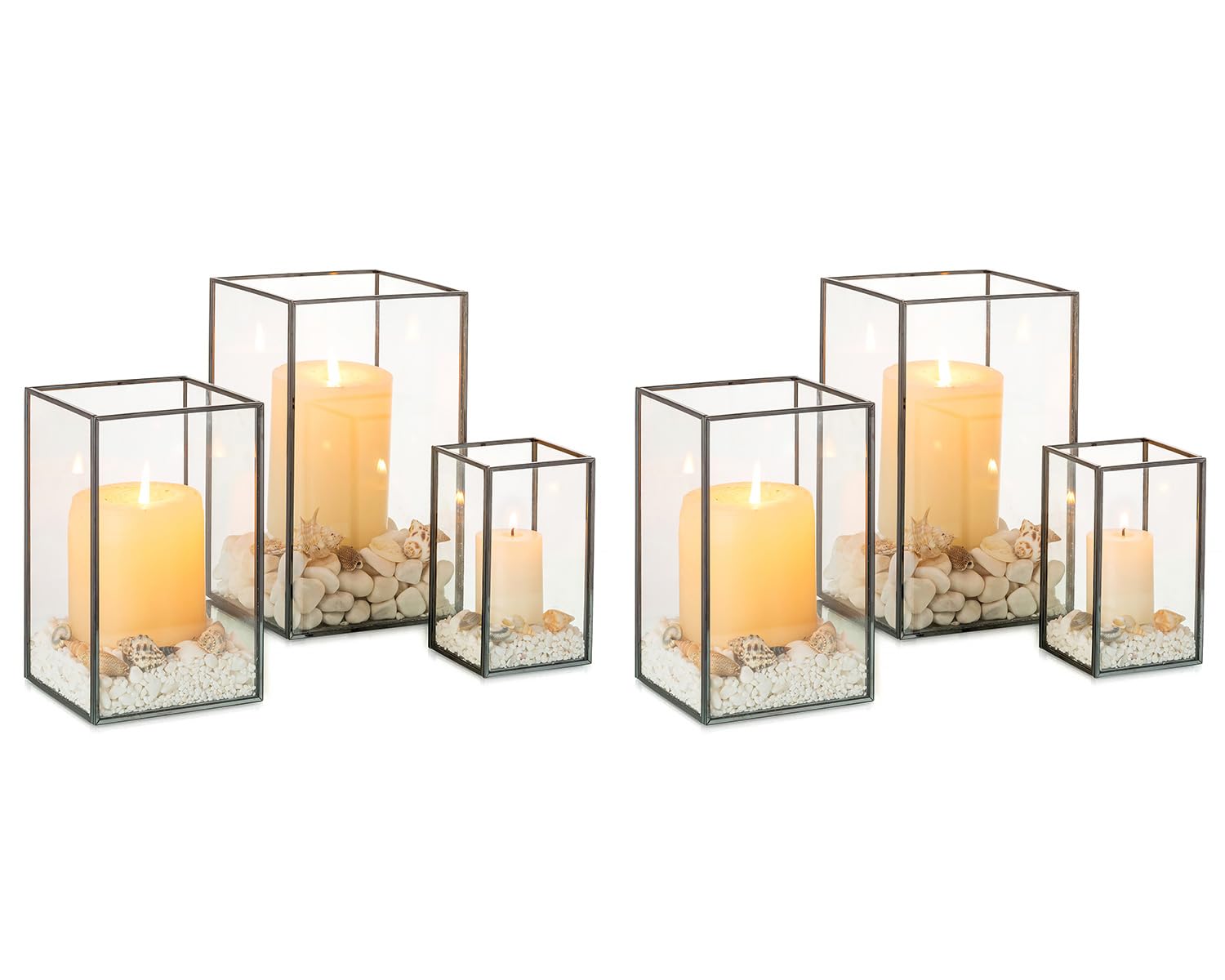 NUPTIO Hurricane Glass Candle Holders: 6 Pcs Clear Lantern Pillar Candles Holder with Black Metal Frame Modern Candle Lanterns Centerpiece for Wedding Ceremony Holiday Decoration 8.1 & 6.5 & 4.7 inch