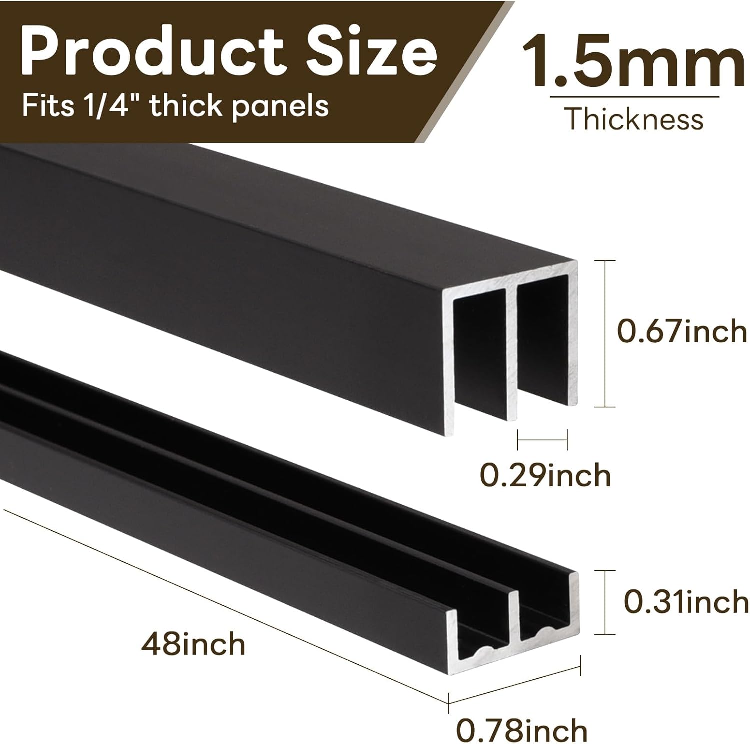 Aluminum Sliding Door Track Set for 1/4" Thick Panels Glass Cabinet Door Window Sliding Track, Size 48 x 0.79 inches (Black) 48in-1set Black