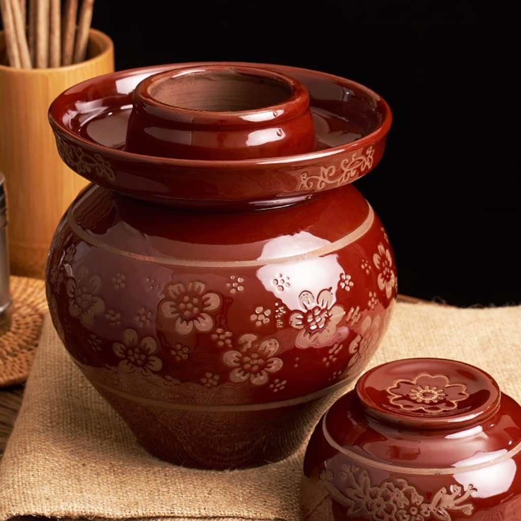 Red Traditional Chinese Porcelain Pickle Jar, Ceramic Fermentation Crock Pickling Pot,Fermenting Jar with Water Seal Airlock Lid Stoneware Fermenter for Kimchi Sauer 6KG