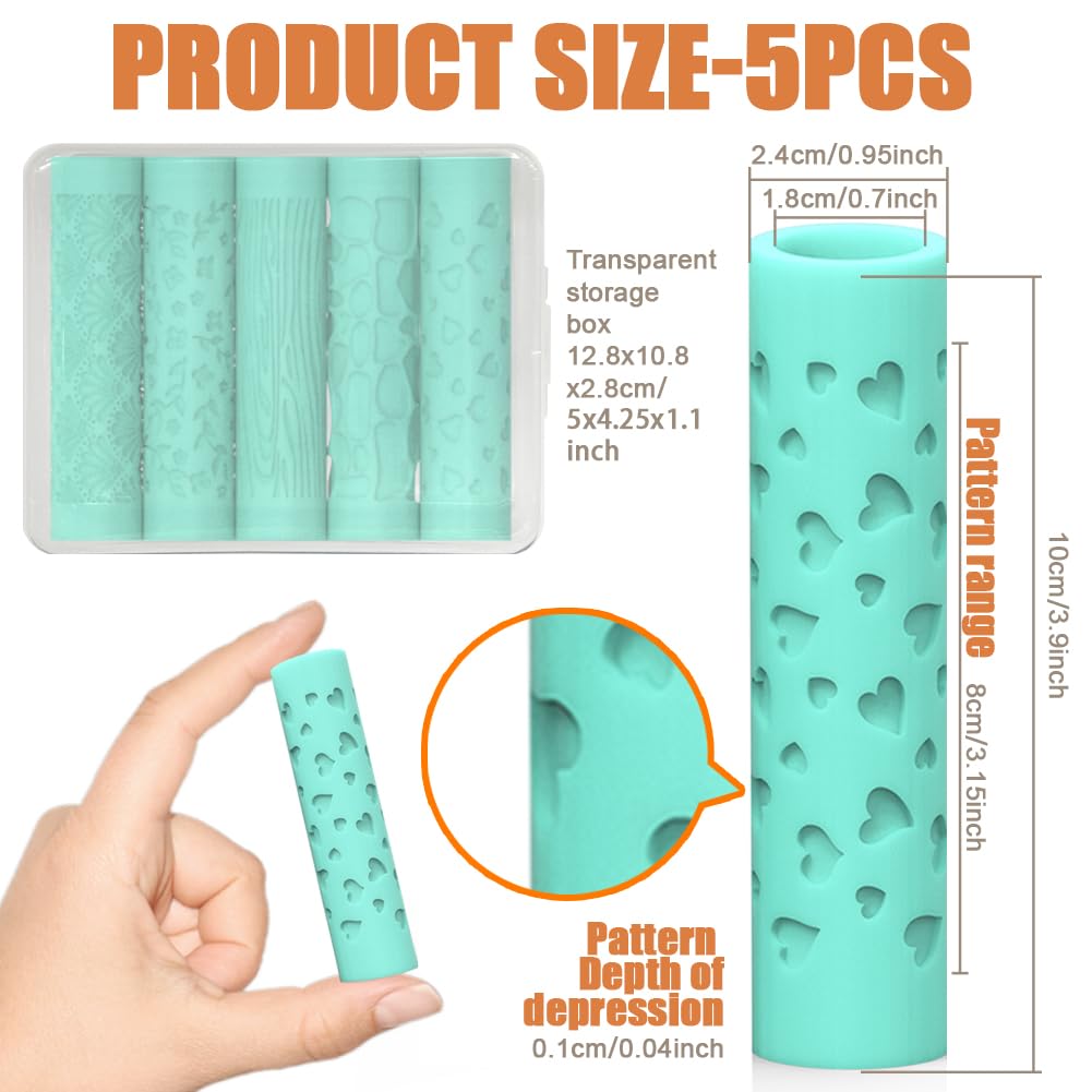 ORIGACH 5 Pcs Polymer Clay Texture Roller for Earring Making Pottery Tools Texture Roller for Clay Jewelry Making Texture Pattern-Heart - Image 2