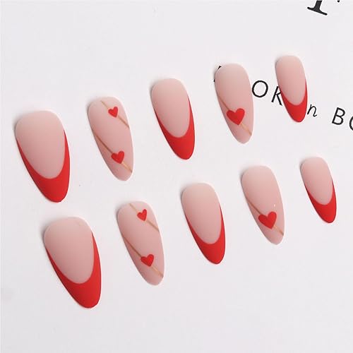 Miniatura 4 de Uñas postizas a presión para el día de San Valentín, uñas postizas medianas con corazones franceses rojos, líneas doradas, uñas acrílicas, kit de