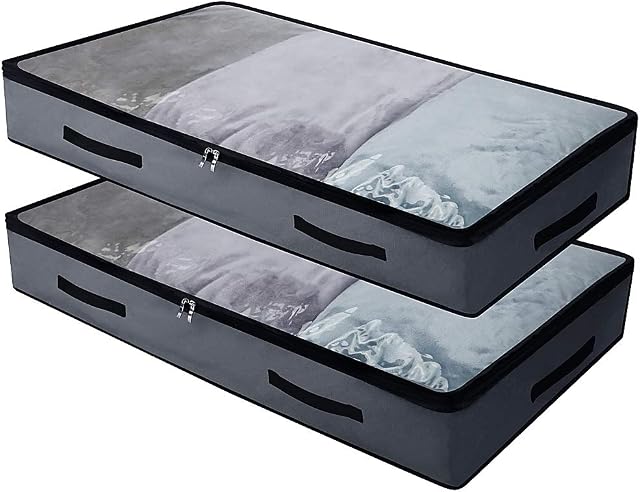 2 Pcs Soft Underbed Storage Containers with 4 handles & Clear Lid for easy find,Durable Material, Foldable