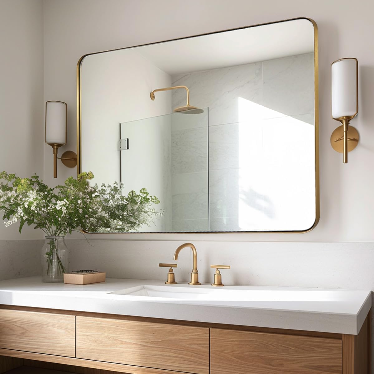 Andy Star Gold Bathroom Mirror,22x30'' Brushed Brass Metal Frame Rounded Corner Wall Mirror,Rectangle Wall Mounted Mirror Glass Panel Hangs Horizontal or Vertical for Bathroom,Vanity,Washroom Gold 30"L x 22"W