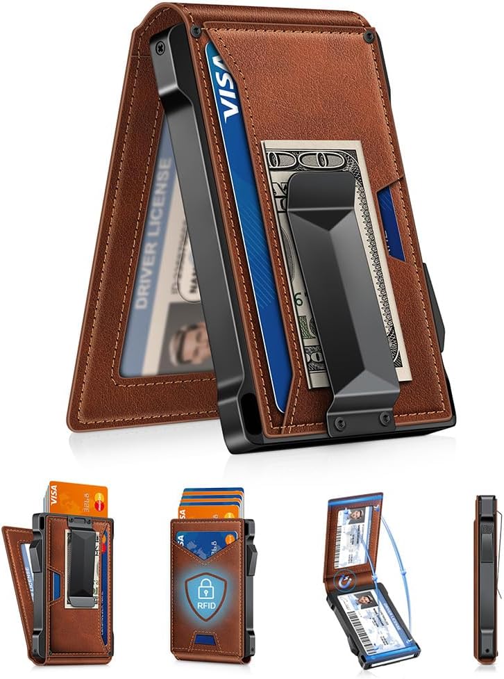 Wallet for Men RFID Wallet with 2 ID Windows & Money Clip, Slim Pop Up Card Holder for 10-12 Cards, Bifold Minimalist Smart Wallet for Front Pocket, Compact Metal Credit Card Holder, Gifts for Men - imagen 8