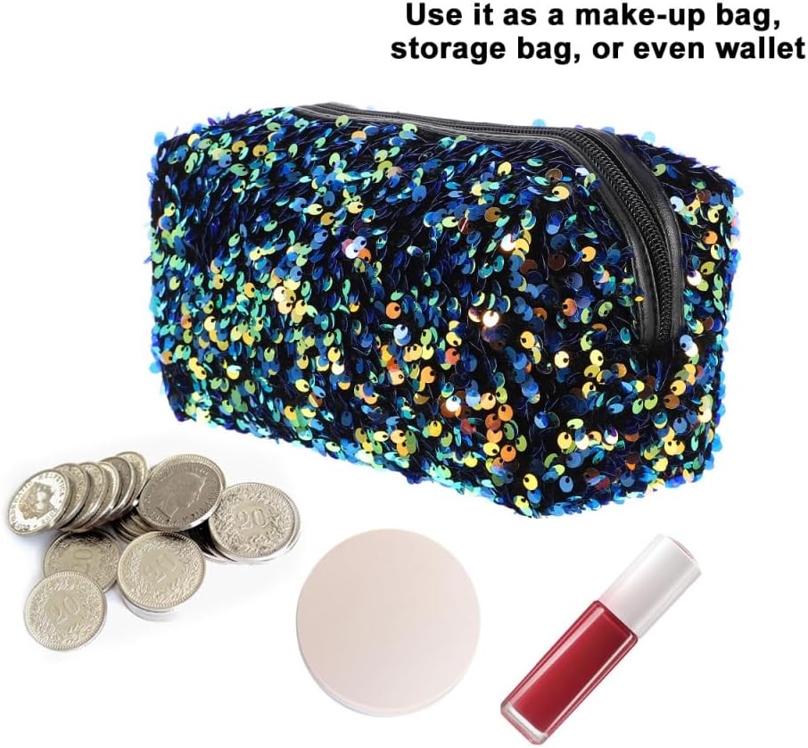 KESYOO Glitter Sequin Cosmetic Bag, Portable Travel Makeup Bag, Lightweight Large Capacity Toiletry Organizer for Women and Girls, Sparkly Square Storage Pouch for Cosmetics and Accessories (Blue) - Image 6