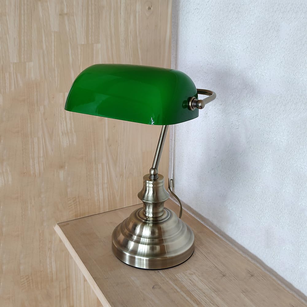 Dapo Bankerslampe Schreibtischleuchte mit Zugschalter Fassung E27 Bürolampe altmessing Schirm grün Arbeits-Nachttisch-Tisch-Lampe-Leuchte Nostalgielampe