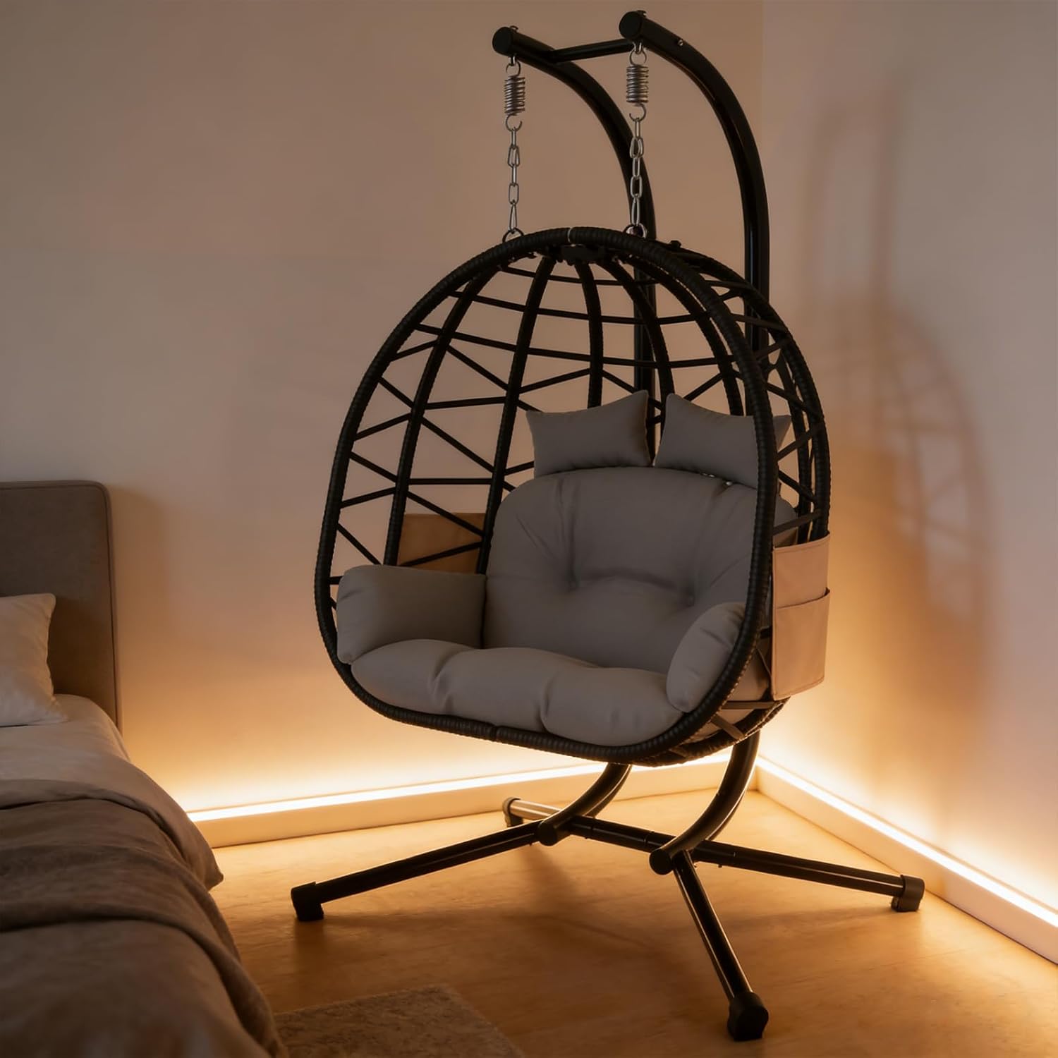 Suteck Double Hanging Egg Chair with Stand, Indoor Outdoor 2 Person Wicker Egg Swing Chair with Cushion, 700lbs Capacity for Patio, Bedroom, Garden - Black