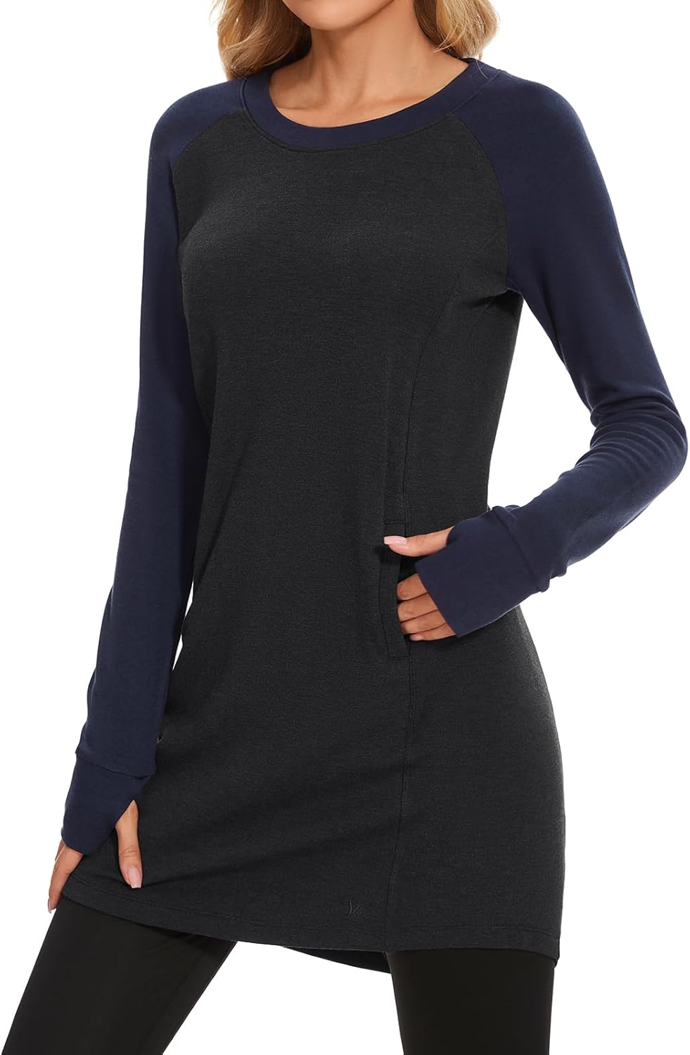 Lightbare Women’s Fleece Long Sleeve Dress Thermal Pullover Crew Neck Tunic Sweatshirt Dress with Pocket Winter Dresses