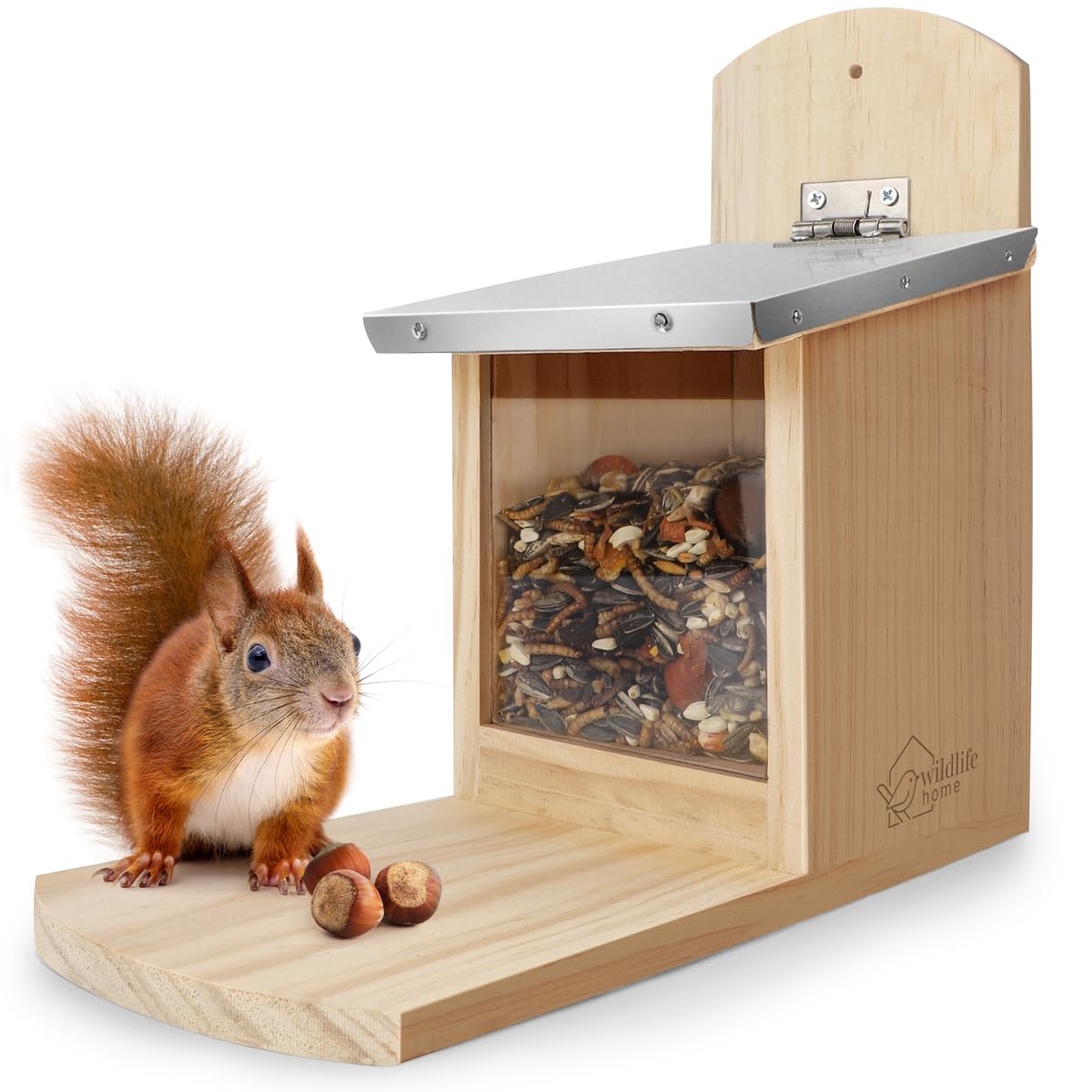 WILDLIFE HOME Mangiatoia per Scoiattoli con Tetto in Metallo I Stazione di Alimentazione in Legno Massiccio Avvitato I Resistente alle Intemperie & Non Trattato I Casetta per Scoiattoli per Mangime