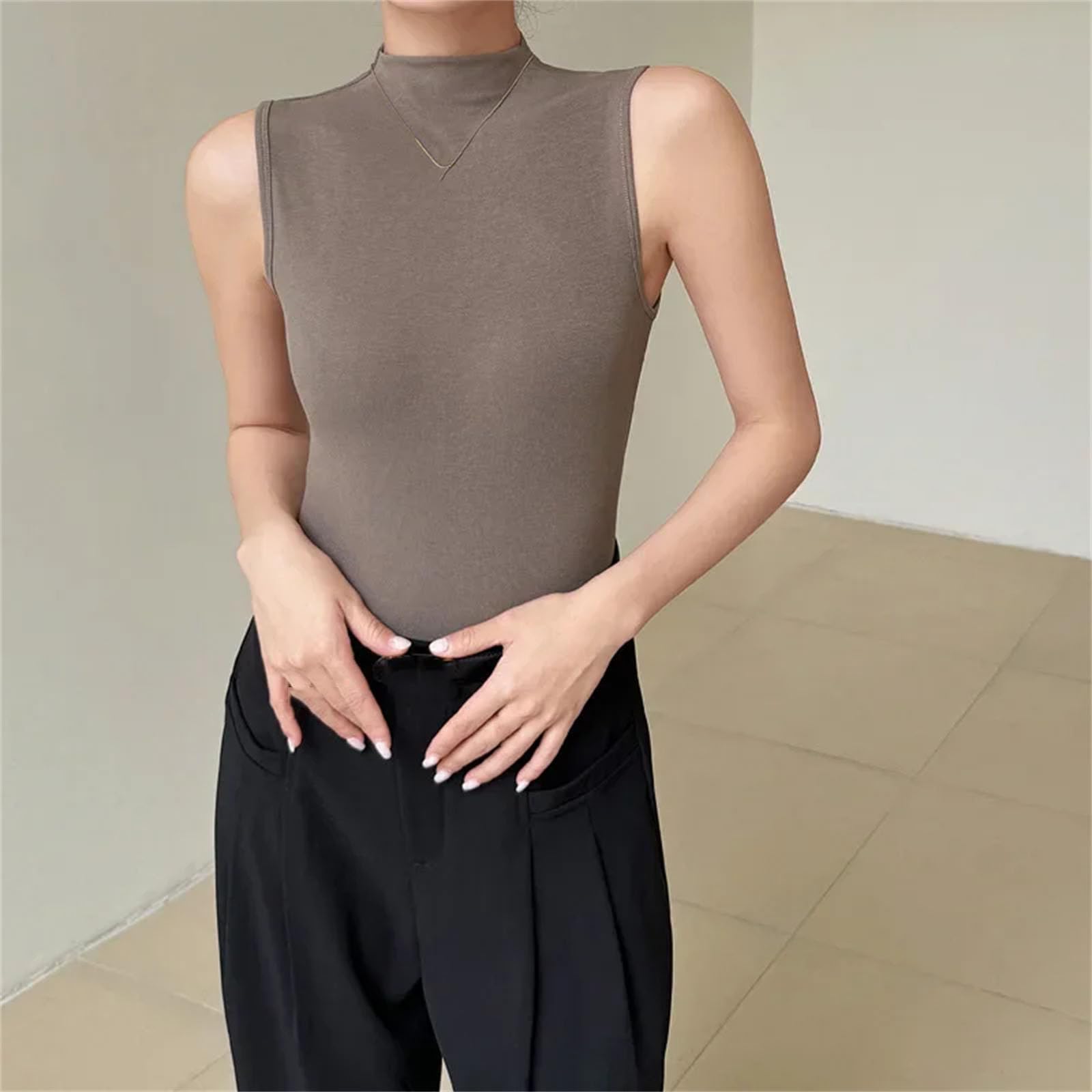 Donne Solido Collo Lupetto Sottile Canotta Maglia Elastico Crop Top Senza Maniche A Costine Casual Top Spiaggia Camis Primavera