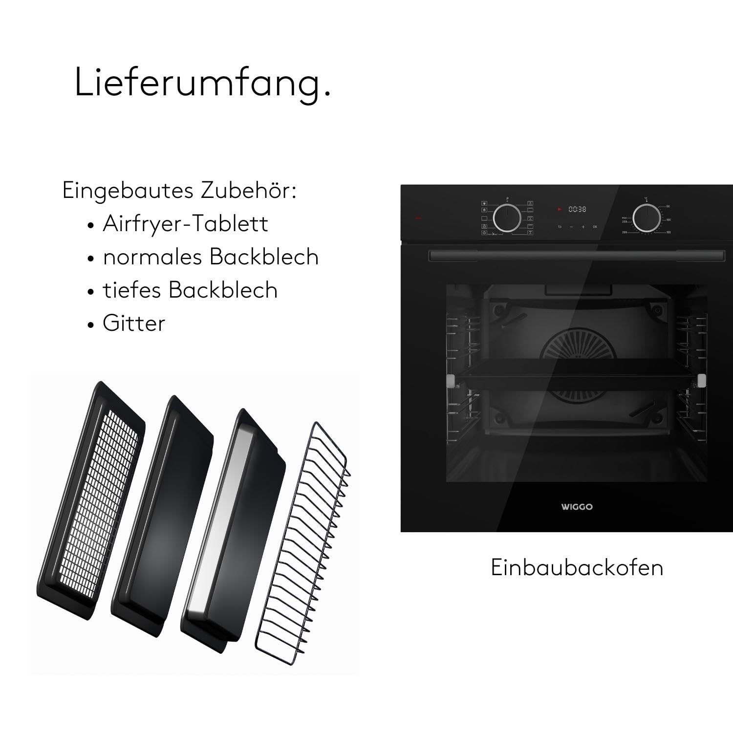 WIGGO Backofen Set Schwarz 60cm 73L mit Teleskopschienen Airfry Selbstreinigung 10 Funktionen Soft-Close Einbaugerät