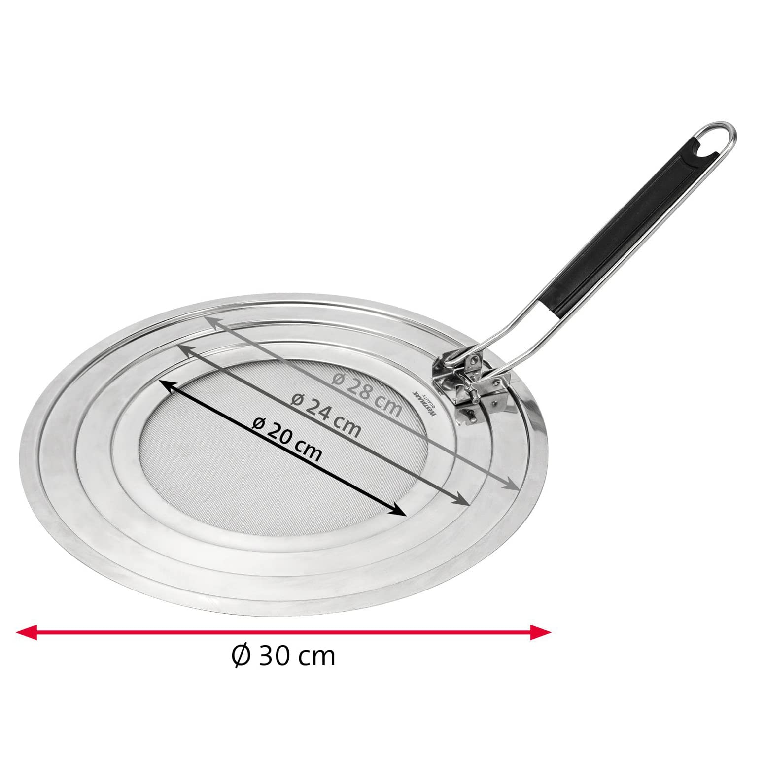Westmark Coperchio Paraspruzzi, Per Pentole e Padelle con Diametro di 20, 24 e 28 cm, Manico con Isolamento Termico, Acciaio Inox, Exclusiv, Argento/Nero, 12192270