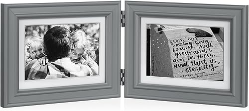 Marco de fotos plegable de madera con bisagras horizontales de 5 x 7 pulgadas con frente de cristal real en gris para mesa, pantalla de 4 x 6 con