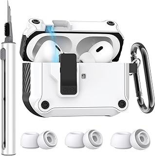 [4 in 1] AirPods Pro 2nd/1st Generation Case Cover with Cleaner kit & 3 Pairs Replacement Ear Tips with Noise Reduction Hole(S/M/L),Automatic Snap Switch Secure Case for Apple AirPods Pro 2nd/1st