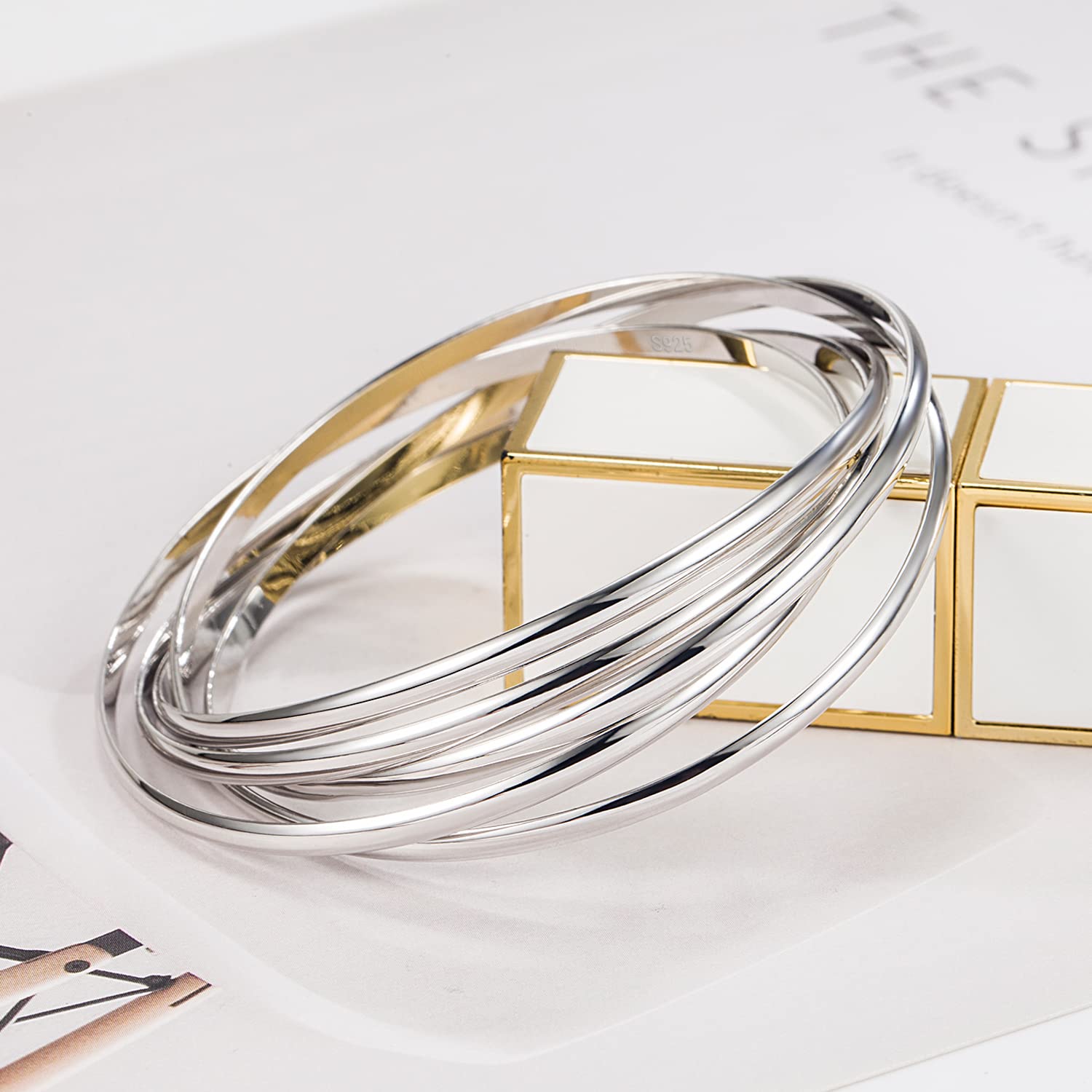 Dankadi Bracciale sottile - Set di 5 in 925 in argento dorato largo 3 mm, piatto semi-rotondo, 60 65 68 mm, diametro a cerchio 5 pezzi di polsino liscio semplice classico per donna madre