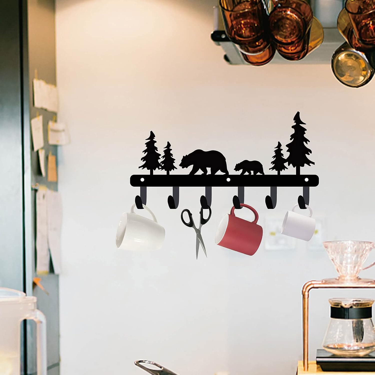 CREATCABIN Bear Key Holder Decorative Hooks Large-13.8" x 4" Wall Mounted Metal Key Hooks Towel Hat Racks with 6 Hooks Bear Tree Forest Design Iron Key Hanger for Wall, Bathroom, Kitchen, Entryway