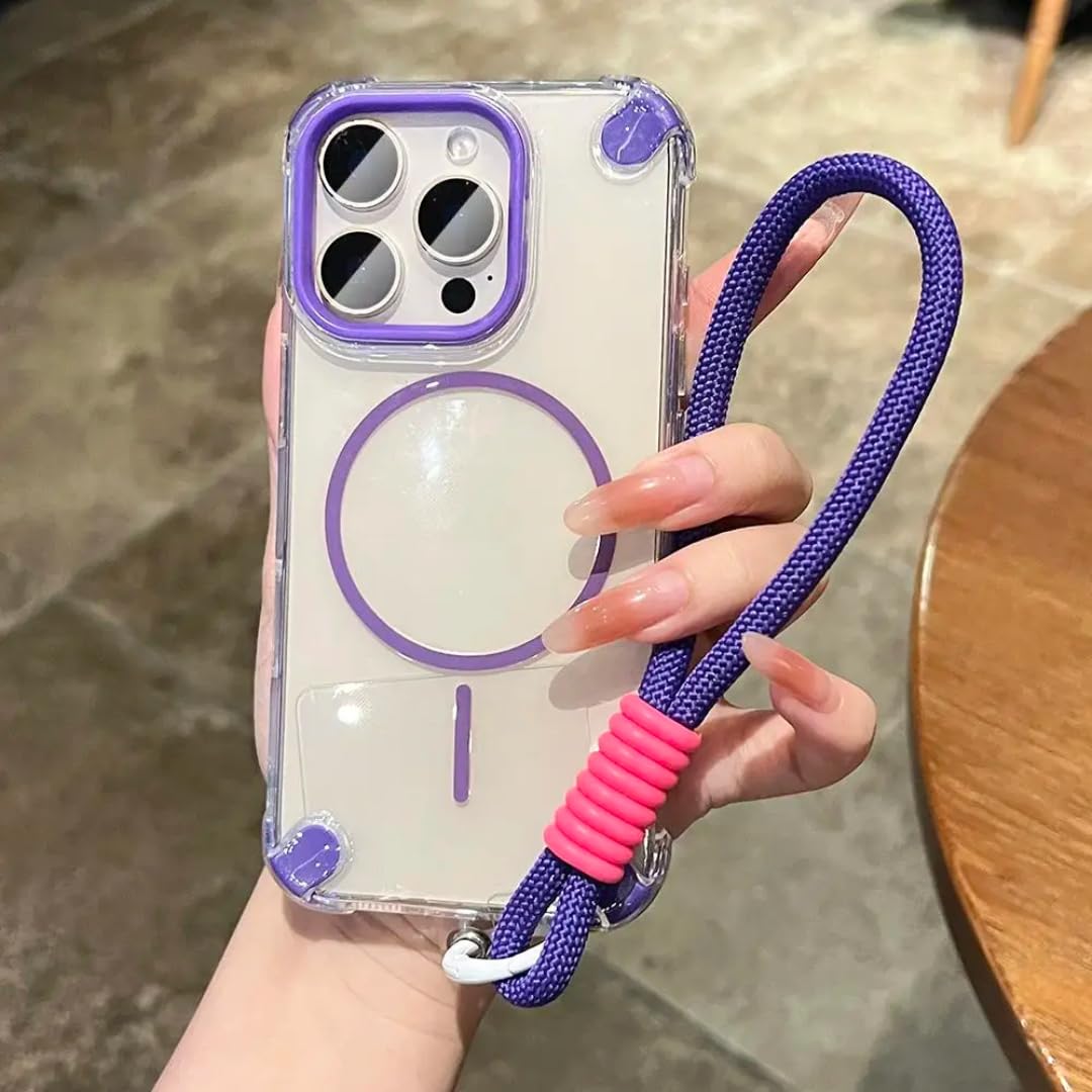 Coque iPhone 15 violette avec dragonne et dos transparent