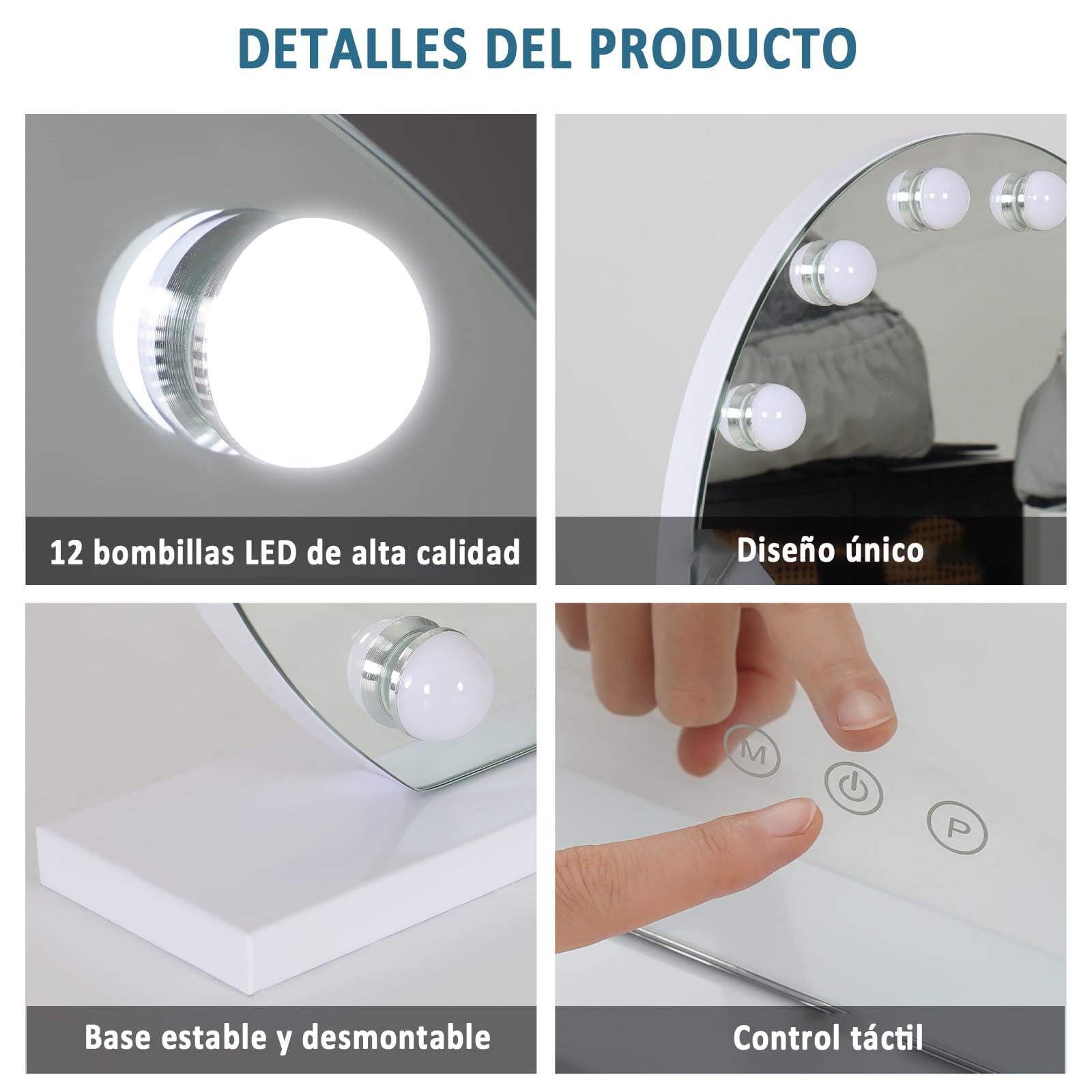 YU YUSING Hollywood Espejo Maquillaje con Luz 12 LED, 50 x 47.5 cm, 3 Modos Iluminación Regulables, Espejo Tocador, Espejos de Mesa, 10x, Vanity Mirror Tocador Dormitorio, Controles Táctiles, Blanco