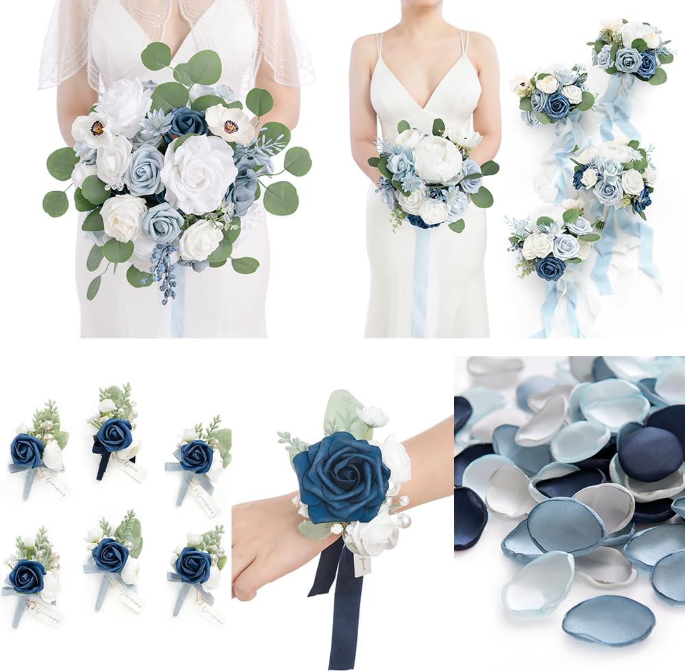 Ling's Moment Pre-Arranged Wedding Flower Packages in Dusty Blue & Navy,Bridal Flower Package (Set of 18)