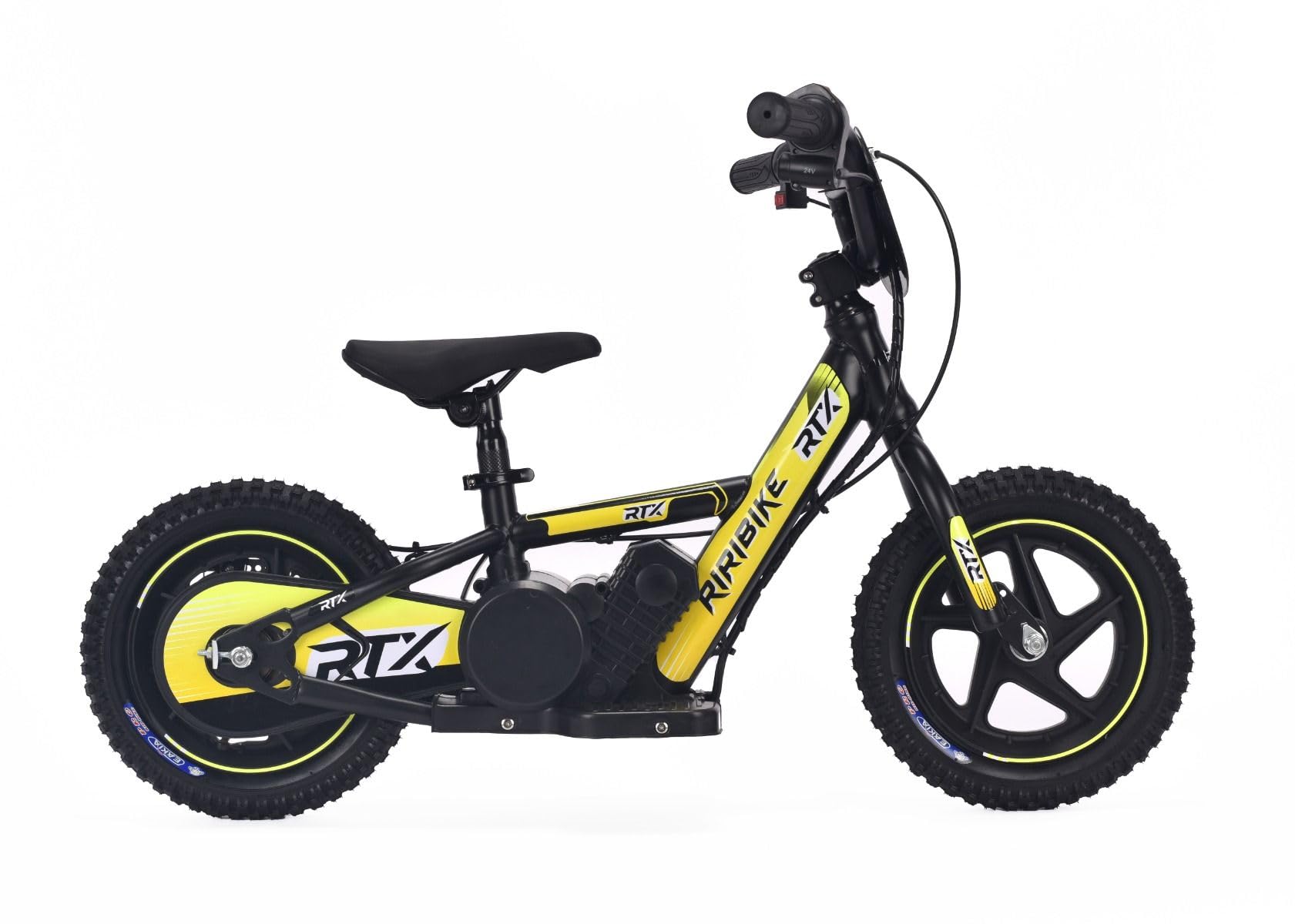 Draisienne électrique pour Enfants RIRIBIKE RTX3 24V (12"), Jaune, Batterie au Lithium, Moteur 100W, Frein à Disque, Siège PU Souple réglable