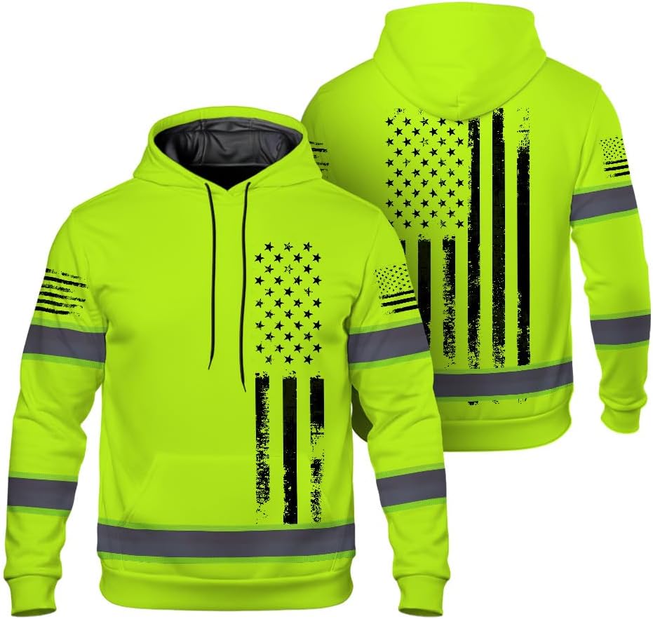 High Visibility Hoodie for Men, Class 3 Long Sleeve Reflective Safety Hoodie for Trucker, Worker, Runner
