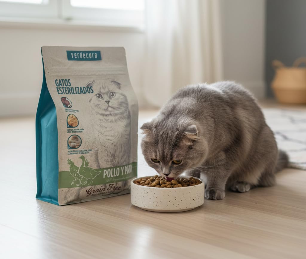 Verdecora Alimento Completo para Gatos Adultos Esterilizados con Pollo y Pato | Sin Cereales | Pienso para Todas Las Razas | 6kg