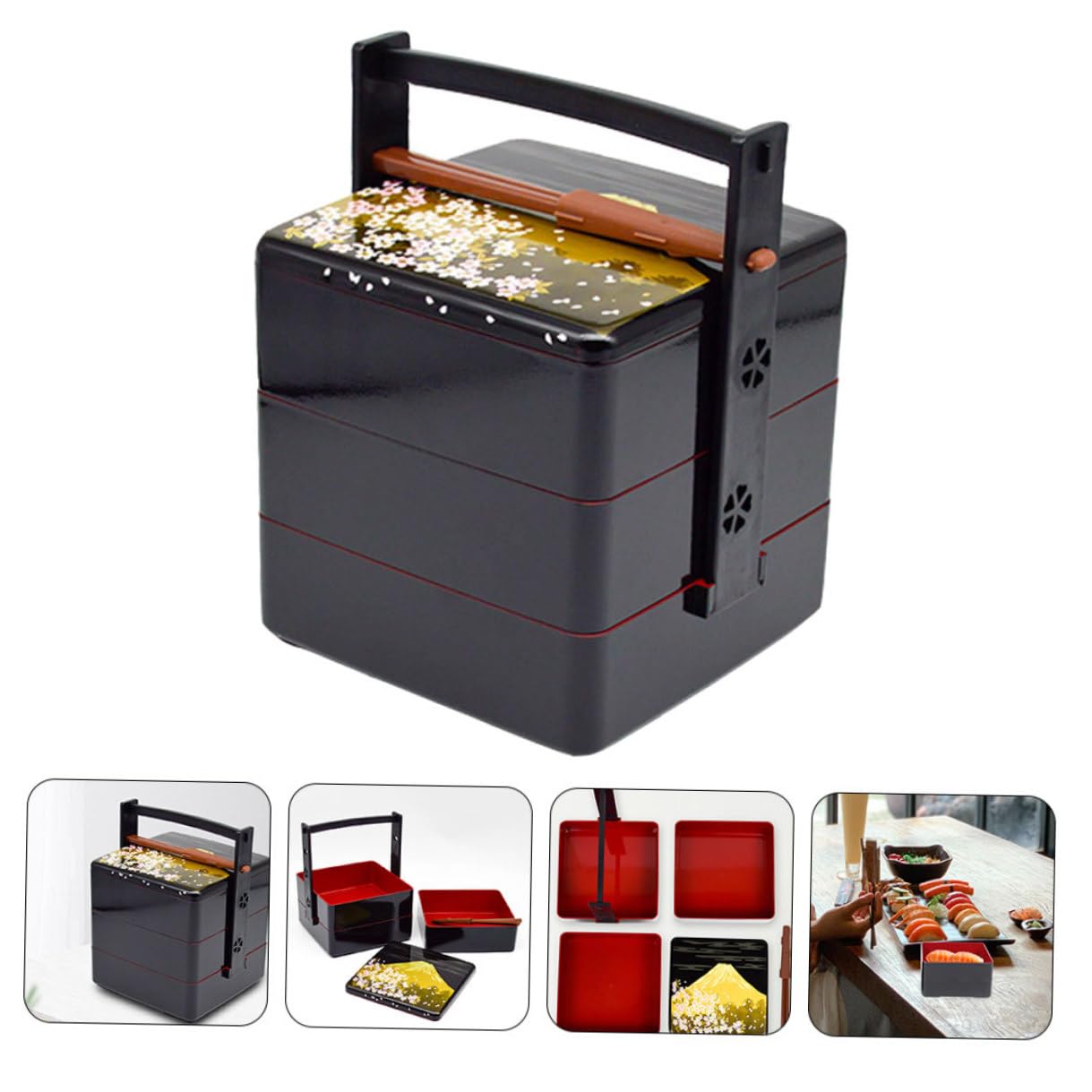 Contenitore Sushi Portatile Tre Strati in Stile Giapponese Scatola Bento per Pranzo all Aperto Porta Cibo Compatto per Picnic Scuola e Lavoro Design Elegante Nero-rosso Facile da