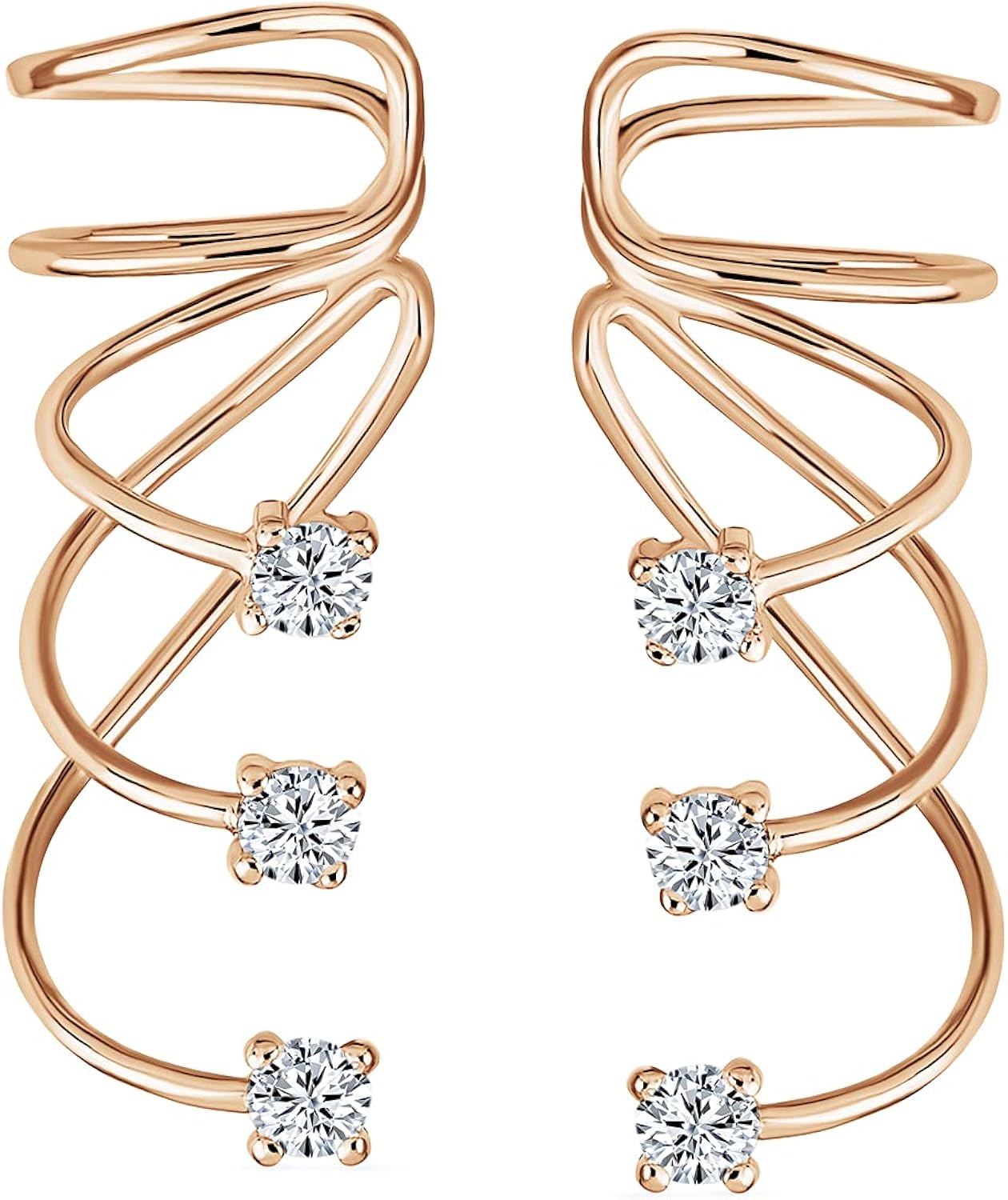 Triple Spiral CZ Curved Crawlers Wire Cubic Zirconia Cartilage Ear Cuff Pin Earring For Women Teen Rose Gold Plated .925 Sterling Silver - Image 3
