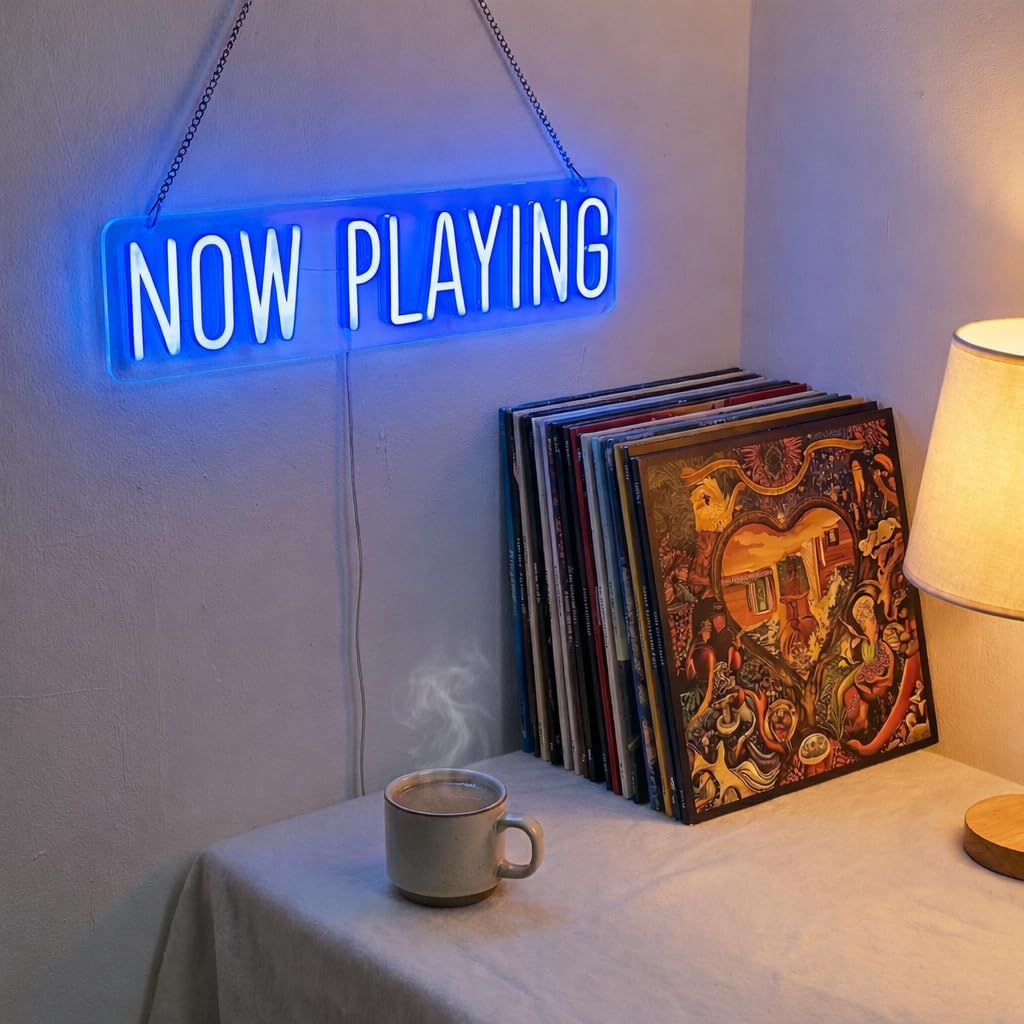 Now Playing Neon Sign Music Studio LED Light Sign Music Night Ambient Lighting USB Powered Dimmable Neon Sign for Studio Bar Home Theater Game Room(Blue)