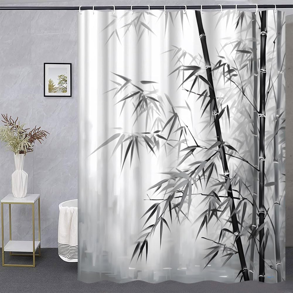 Bamboo Shower Curtain Retro Bamboo Forest Grey Leaves Vintage Asian Japanese Ink Painting Spa Bathroom Decor Fabric Curtains with Hook 70Wx80H Inches