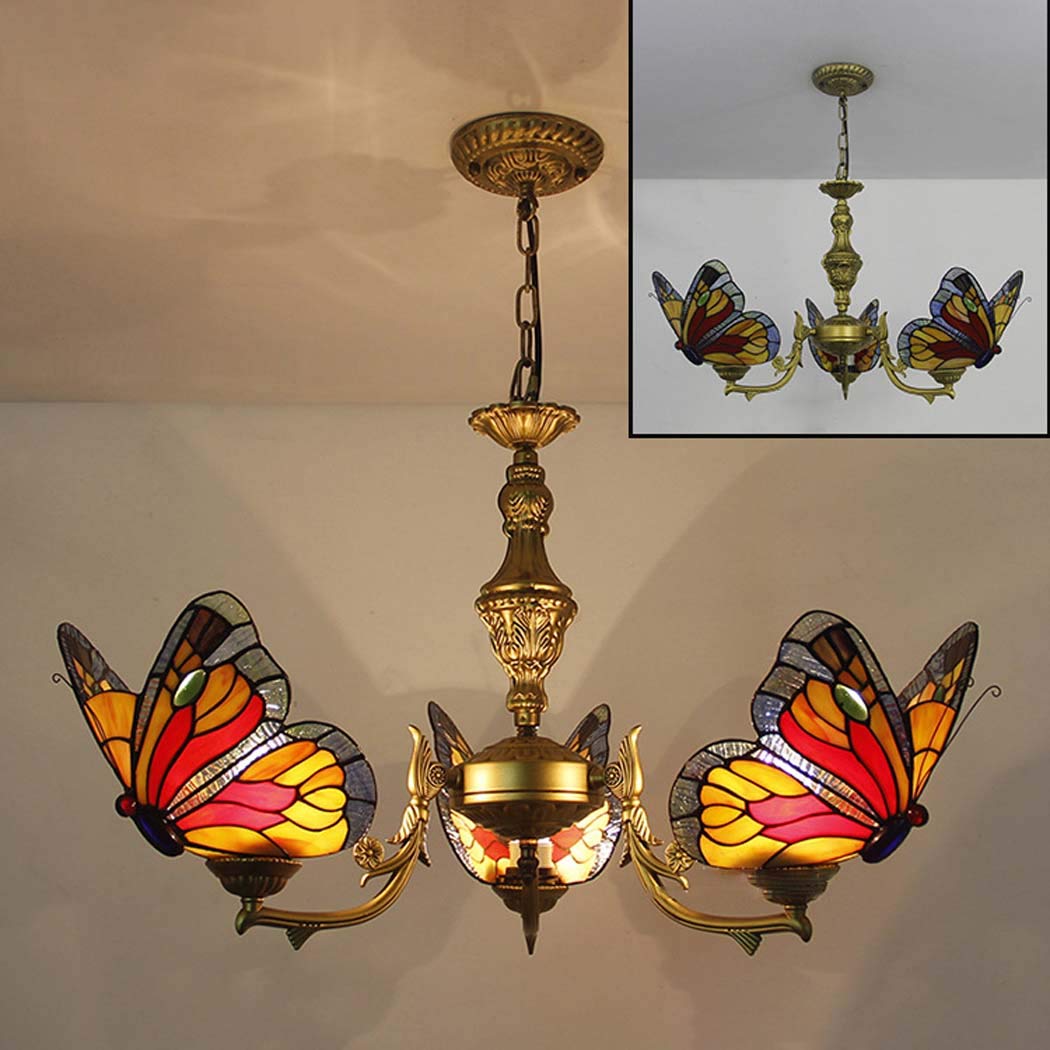 Lustre Tiffany papillon en véritable vitrail, une suspension de plafond chic pour votre salon
