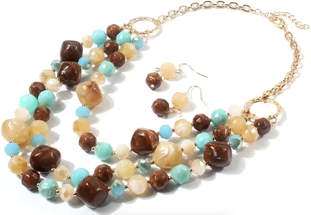 Secret for Longevity Triple Strand Resin Turquoise Beige Bone Brown Wood Neutral Earth Tones Color Palette Big Chunky Statement Necklace Earrings Set