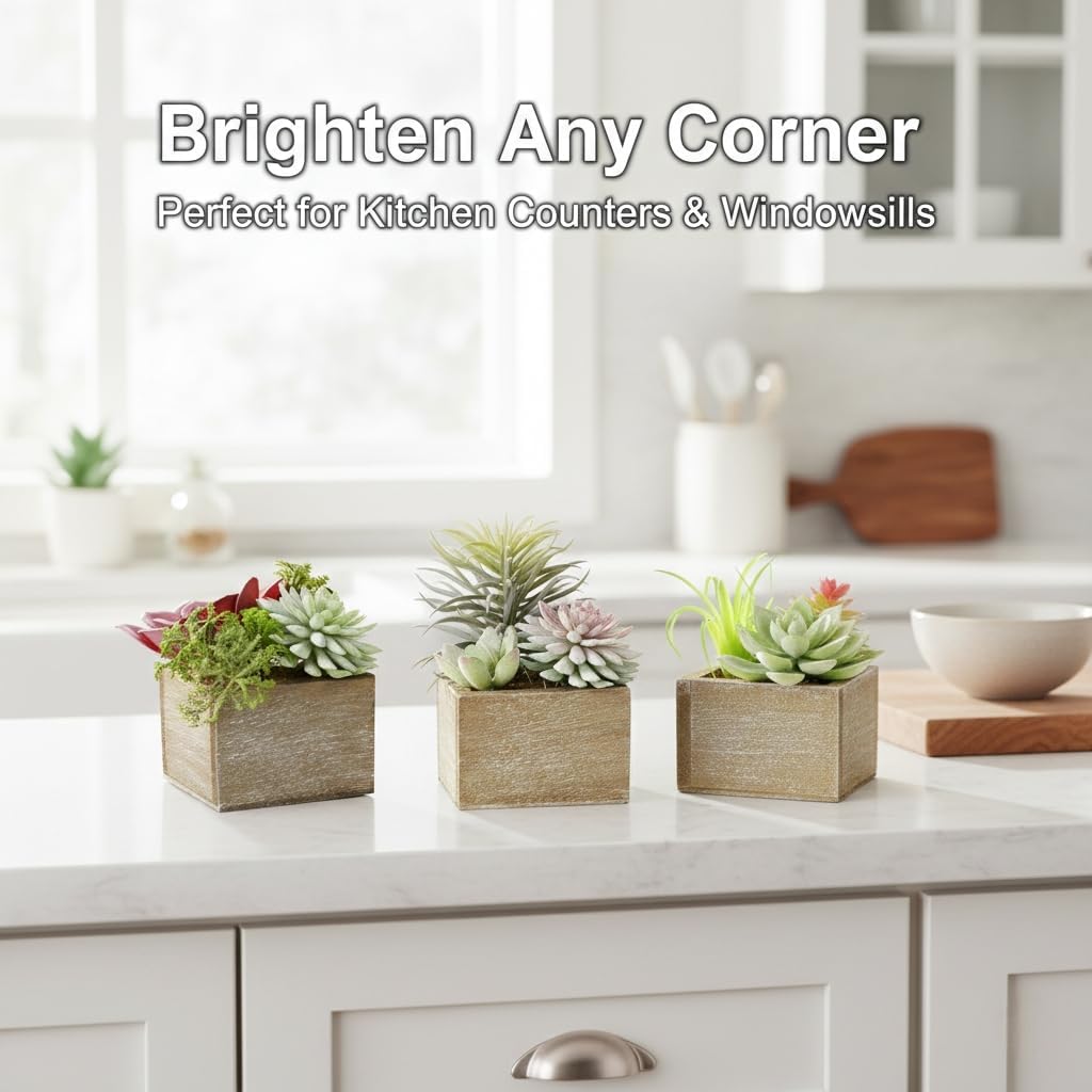 Succulent Plants Artificial, 3 Pack Small Fake Plants in Wood Pot for Home Decor, Farmhouse Artificial Plants Indoor for Living Room Bathroom Bedroom Office Kitchen Desk Wedding Coffee Table Decor - Image 6
