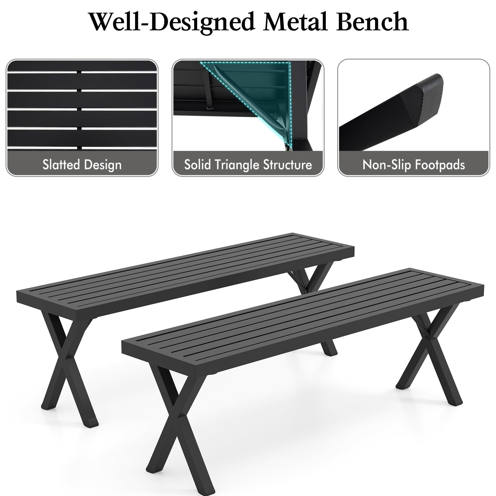 KOMFOTTEU Panchina da Esterno in Metallo 2 Posti Resistente alle Intemperie | Panca da Giardino comoda per Veranda, Cortile, Prato, con Capacità 360 kg, 138 x 36 x 46 cm, Nero