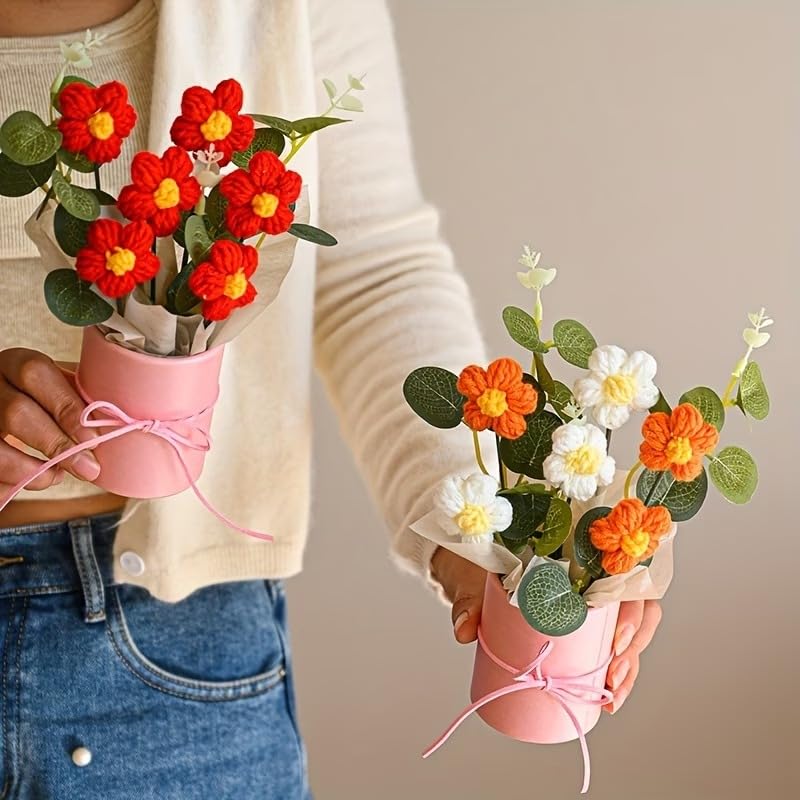 Image of PulGos ππ©ππ¬ Artificial Crochet Flower Bouquet with LED Light| Handmade Yarn Knitted Floral Bunch for Home & Office Decor, Gifting |Cute Decorative Item Woolen Flowers Gift for Girls & Women (Pink)