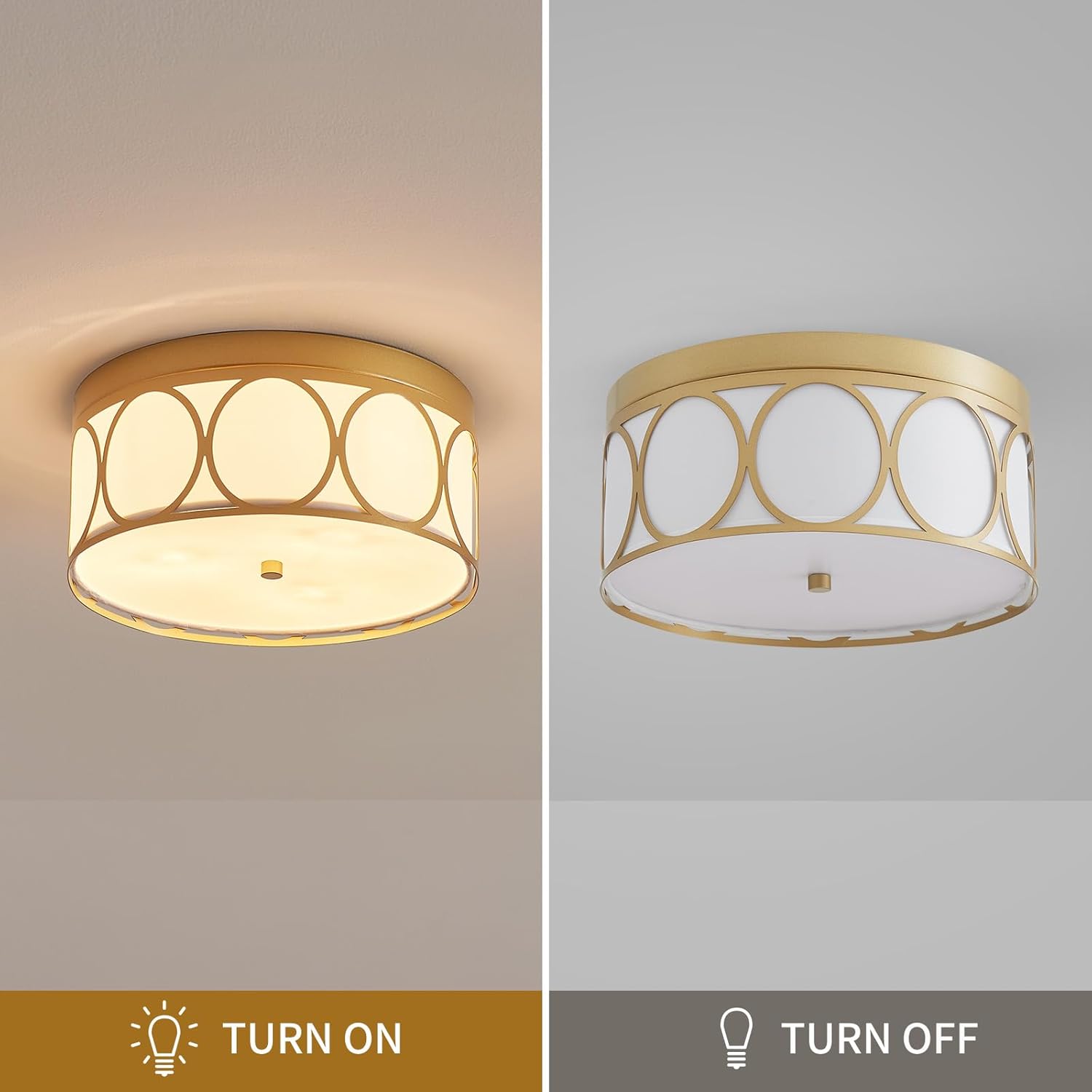 Modern Fabric Drum Ceiling Light, Flushmount Close to Ceiling Light Fixture for Living Room, Bedroom, Dining Room, Kitchen. D12 x 5in, Gold Finished Metal Frame, White Fabric Lampshade