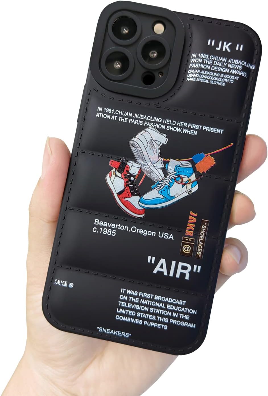 Ins Off Sports Shoes Brand Puffer Phone Case Puffy Cover Compatible with iPhone 12 Pro Max 6.7 inch, Sneakers White Label Graphics Soft Silicone Full Body Shockproof Protective Phone Case, Black