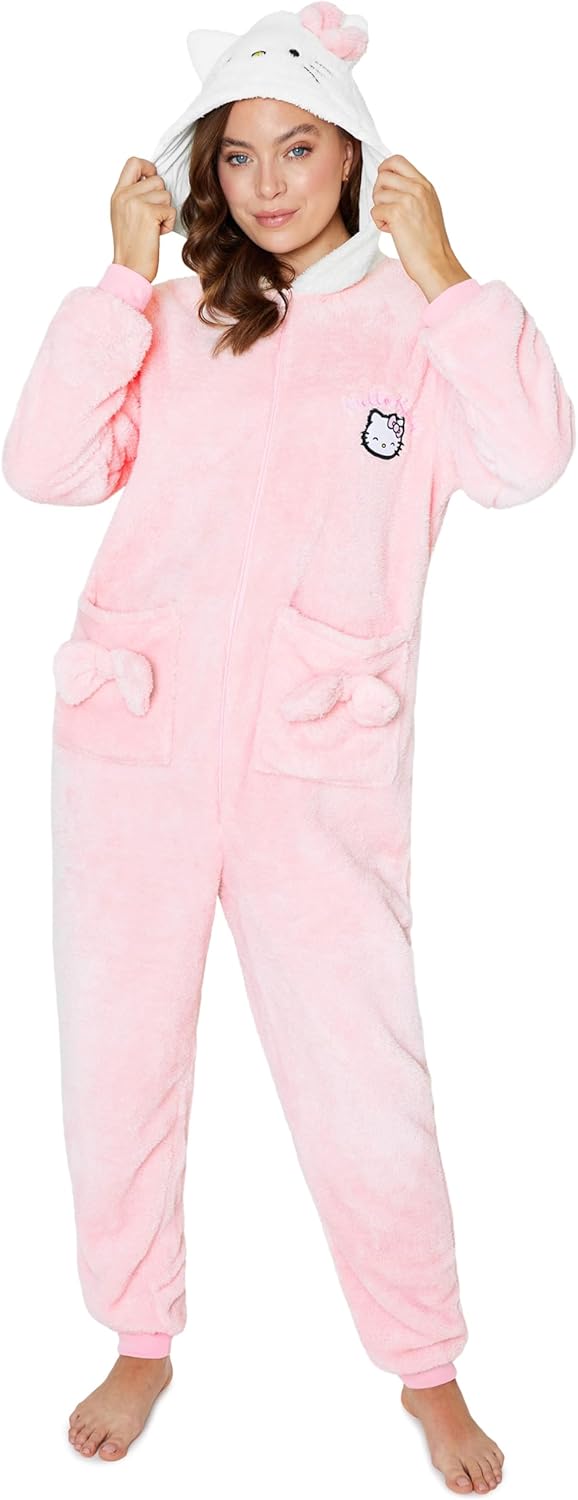Hello Kitty Sanrio One Piece Pajamas for Women Teens Kawaii Fleece Loungewear Soft Sleepwear Jumpsuit PJs Gifts for Women