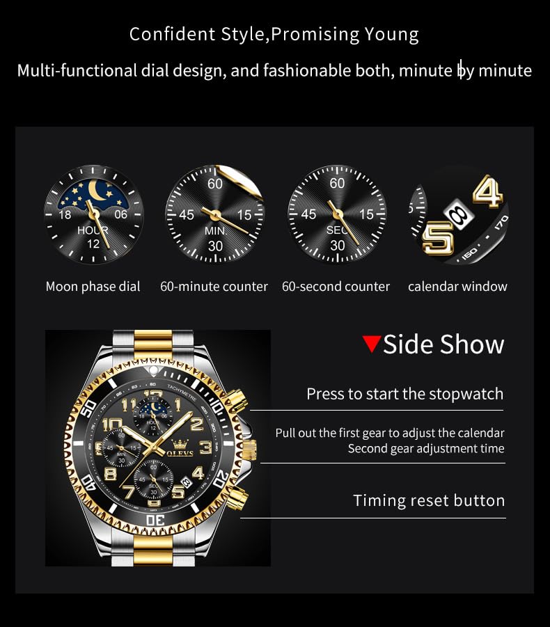 Image of OLEVS Watches for Men Stainless Steel Dress Men Watch with Date Big Face Chronograph Waterproof Luxury Fashion Watch Blue /Black /Gold /Green /Silver Face Relojes para Hombres