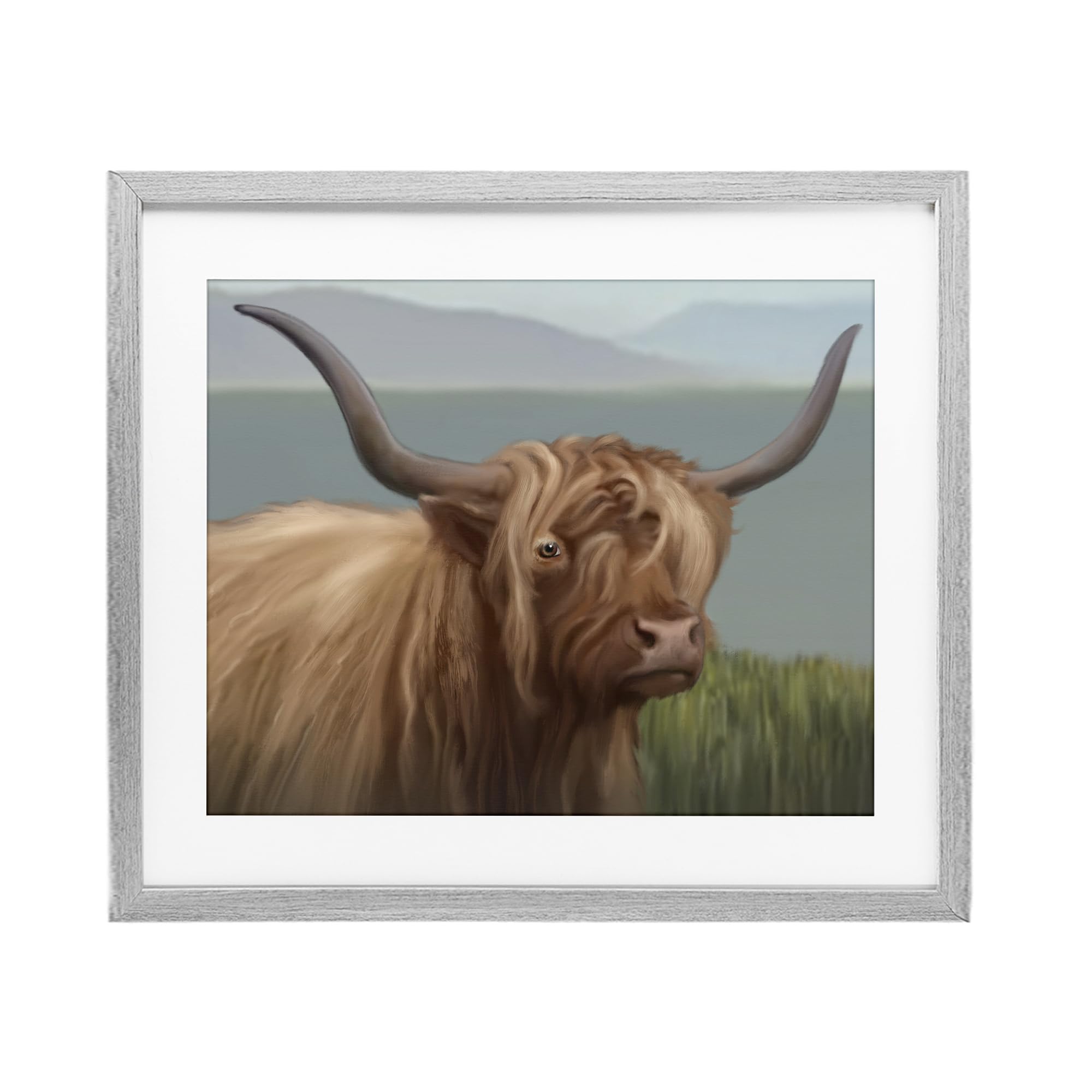 Stupell Industries 'Scottish Highland Cattle Landscape', Framed Print Under Glass, Gray, 16 x 13 Inches, Easy to Hang and Sturdy, Made in USA, by Matthew Piotrowicz