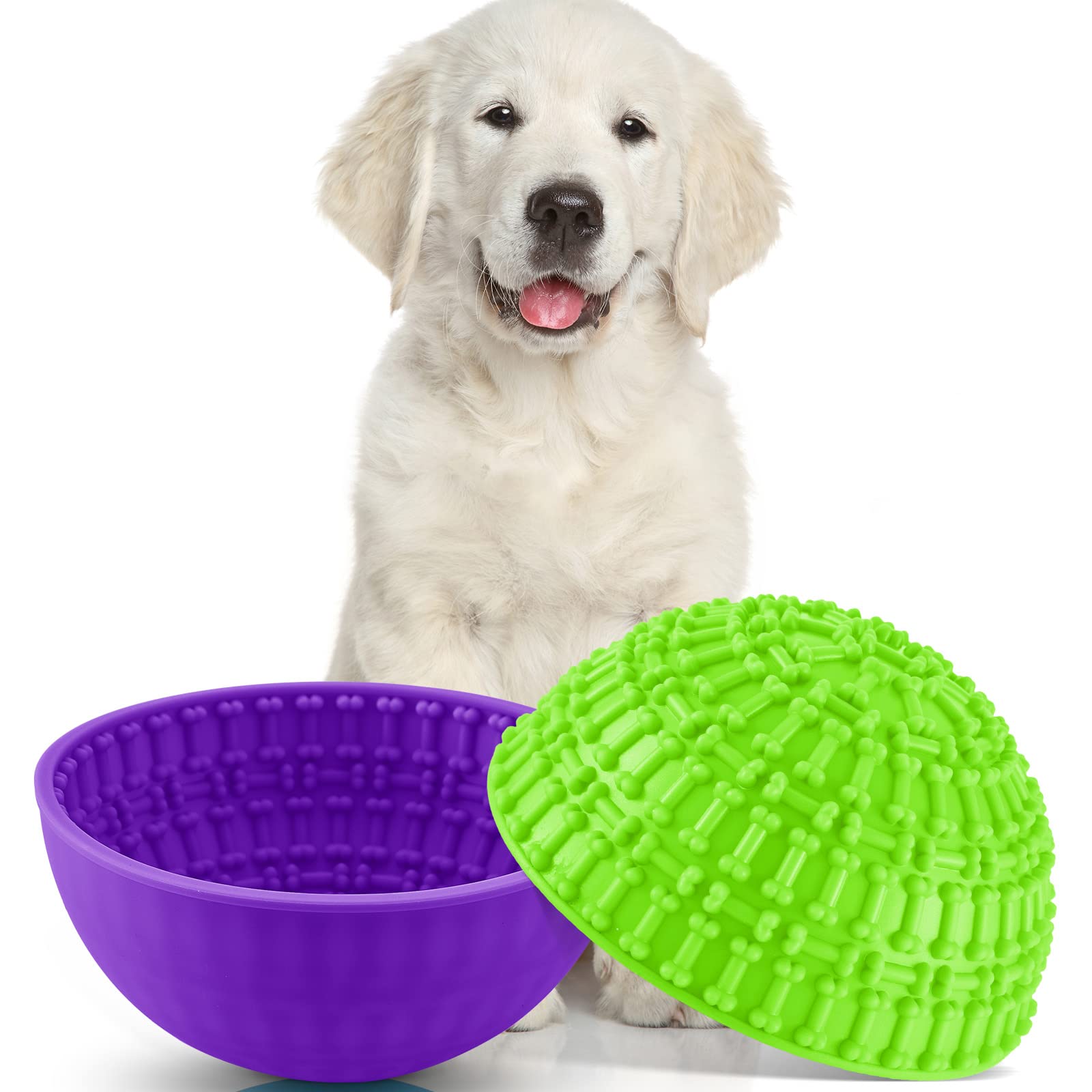 Patelai 2 Pcs Slow Feeder Dog Lick Bowls for Dogs Cats,Green, Purple,Bone