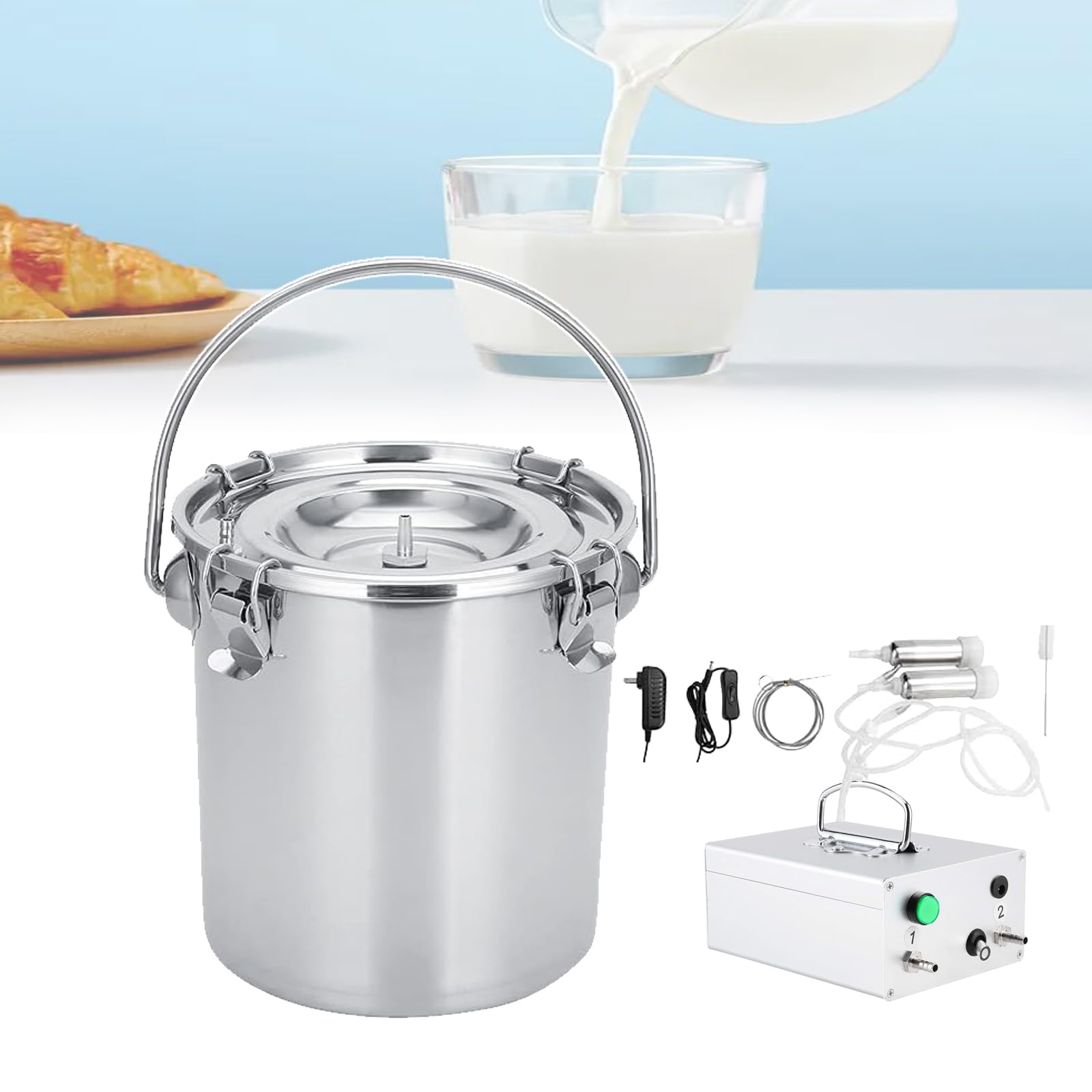Mungitrice elettrica per mucche capre, secchio in acciaio inossidabile, tettarelle a pompa a vuoto per forniture efficienti per mungitura agricola, portatile e facile da usare
