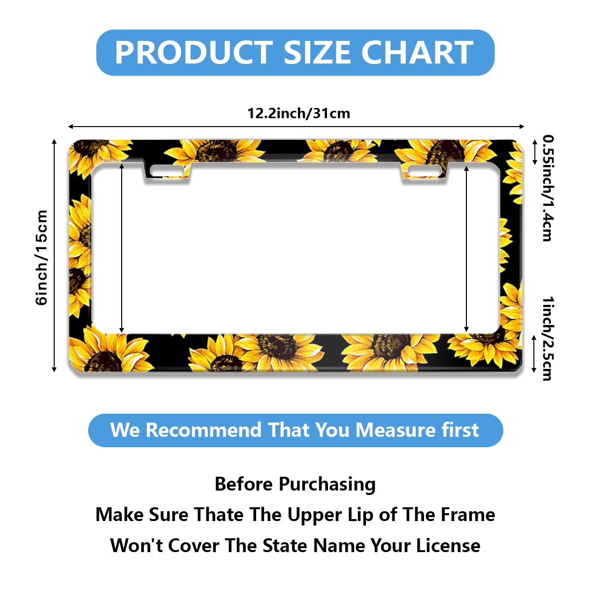 NOCITUN Sunflower License Plate Frame Quality Metal Aluminum Yellow Sunflowers Car Cover Tag Holder Frames With 2 Holes And Screws 12 X 6 Inch - View #2