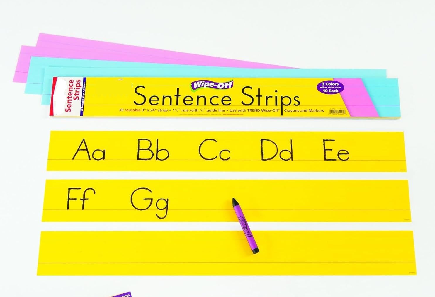 Generic Sentence Strips - Dry and Wipe - White - 30 Ruled Strips - 3" x 12" - Melamine - Minimalist - Yellow, Pink, Blue-image-38