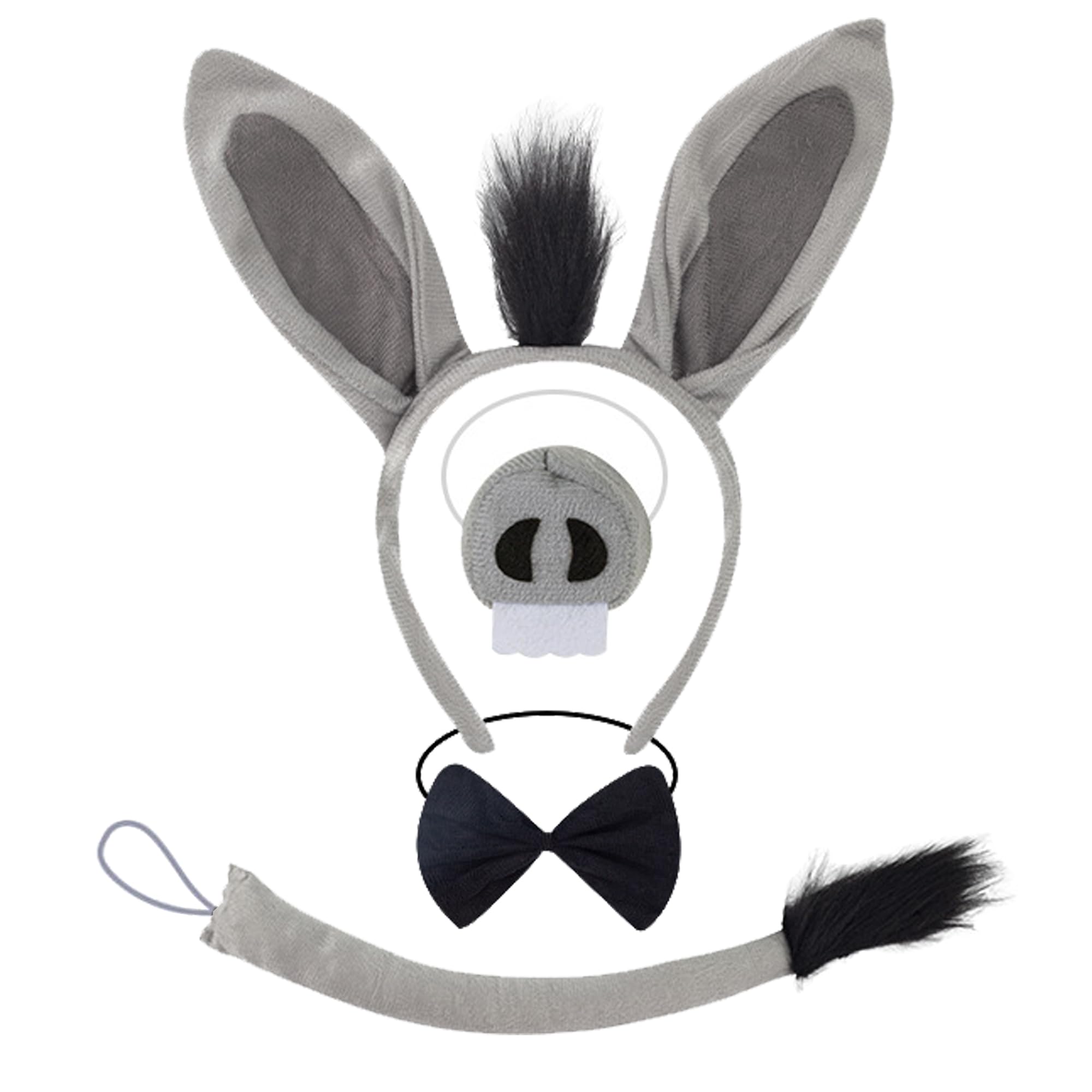 HeHeGe 4Pcs Cartoon Animal Cosplay Set, Donkey Mouse Pig Costume Accessories with Ears Headband, Nose, Tail, Bow Tie for Halloween Party Dress Up (Donkey) — image 1